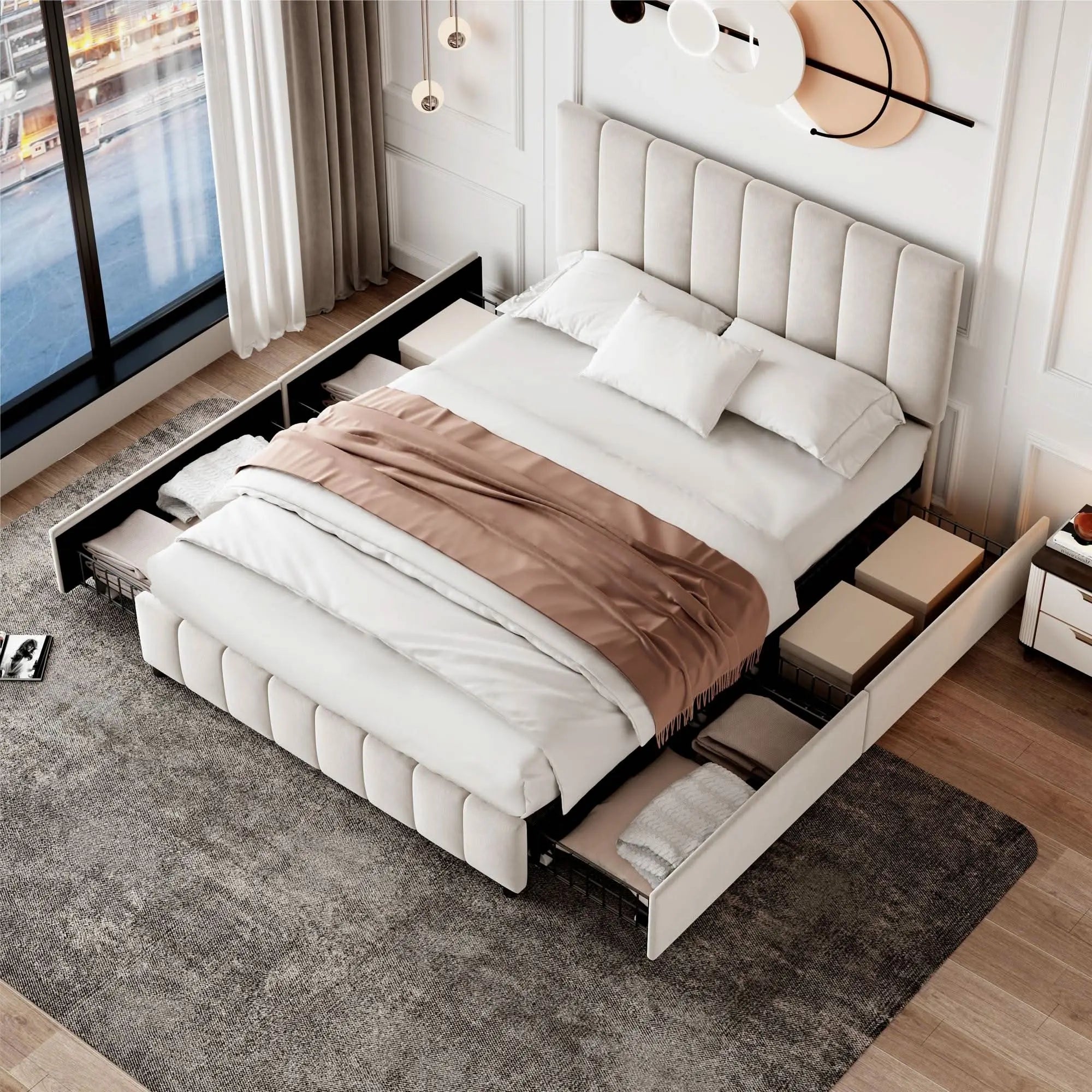 4ft6 Double Upholstered Bed With 4 Storage Drawers, Velvet Platform Bed Frame With Adjustable Channel Tufted Headboard, Metal-Wood Support, No Box Spring Needed, Easy Assembly, Beige No Mattress Haslam Living