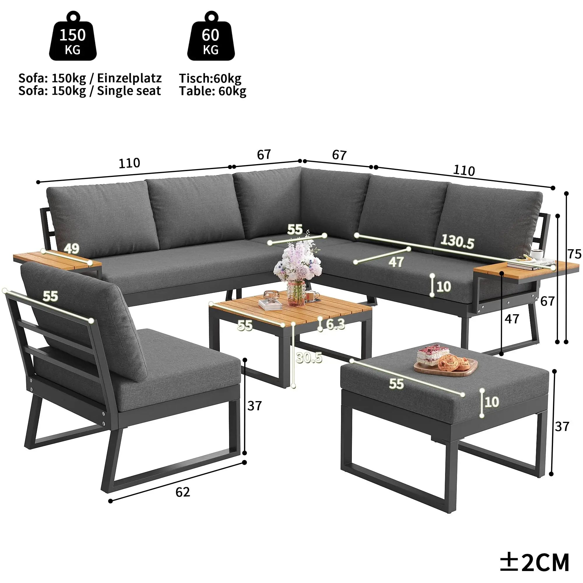 L-Shaped Garden Sofa Set With Wooden Armrests  Weather-Resistant Corner Suite & Daybed Made Of Iron  Including Wooden Table, Armchair & Stool, 7-Person  With Cushions  Gray Haslam Living