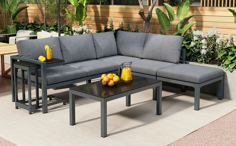 Outdoor Garden Terrace Lounge Sofa Set, Garden Furniture For 4-5 People With Side Table And Coffee Table, Corner Sofa, All-weather Lounge Furniture, Grey, All Cushions Included Haslam Living