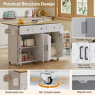 Kitchen Island With Foldable Countertop,  5 Lockable Wheels, 4 Doors, 3 Drawers, Door Shelf, Storage Racks, Towel Holder, Barn Style Design, White Haslam Living