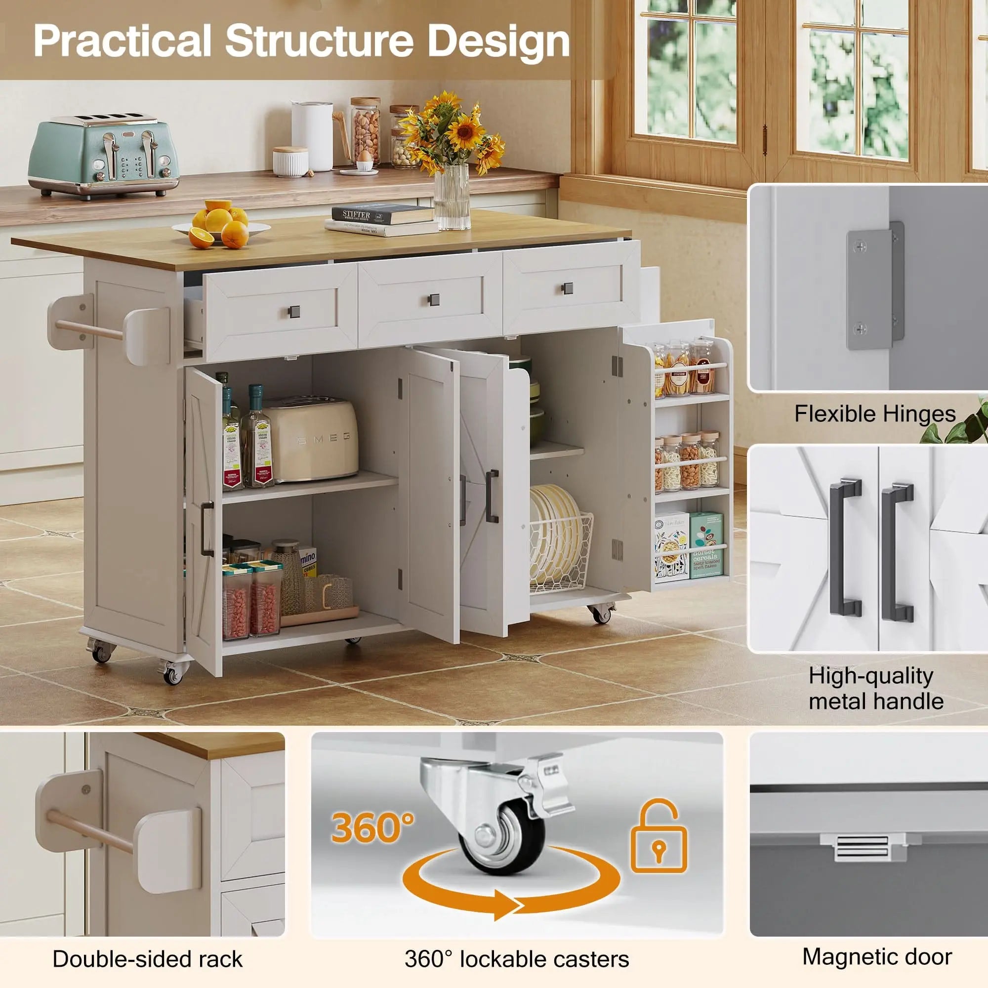 Kitchen Island With Foldable Countertop,  5 Lockable Wheels, 4 Doors, 3 Drawers, Door Shelf, Storage Racks, Towel Holder, Barn Style Design, White Haslam Living