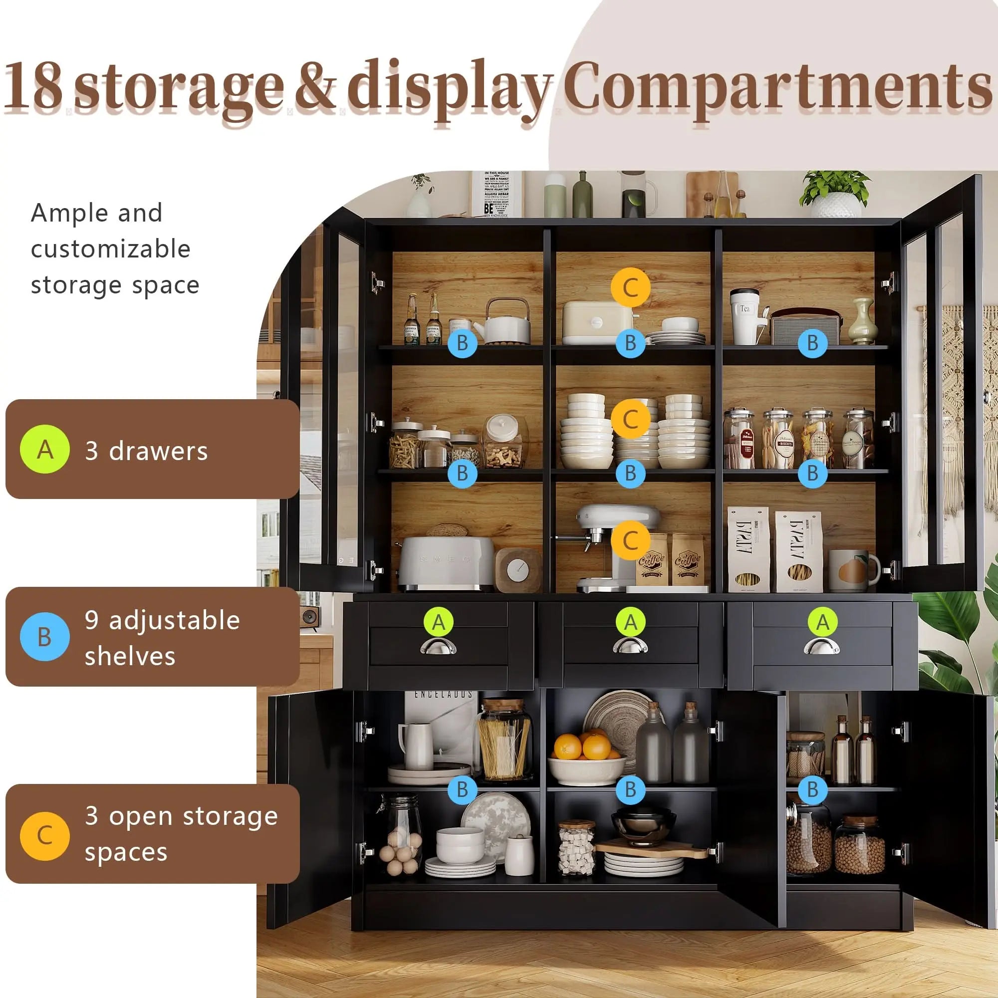Tall Cabinets For Living Room, Display Cabinet, Kitchen Cabinet, Dining Room Cabinet With Drawers, Modern Minimalist Tall Cabinet, Freestanding Display Cabinet, Black Haslam Living