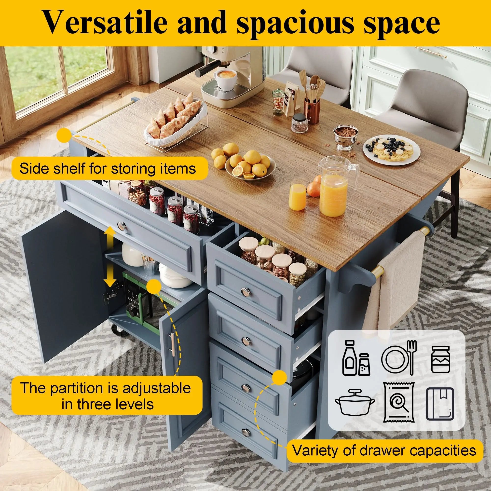 Kitchen Island, Removable Serving Trolley Buffet Cabinet, Dining Trolley With Vintage Pattern, Buffet Cabinet, Multifunctional Dining Table With Storage Space, Blue Haslam Living