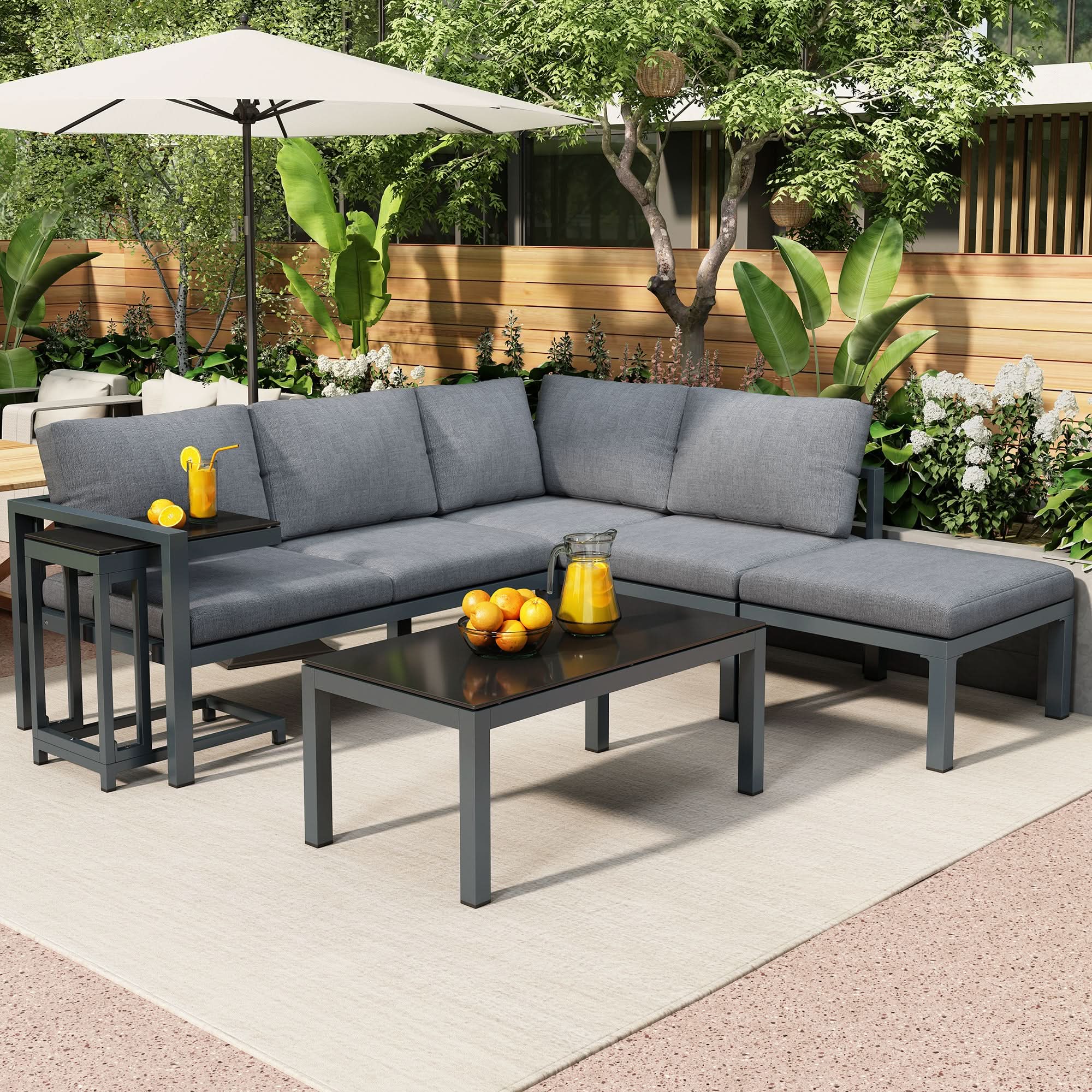 Outdoor Garden Terrace Lounge Sofa Set, Garden Furniture For 4-5 People With Side Table And Coffee Table, Corner Sofa, All-weather Lounge Furniture, Grey, All Cushions Included Haslam Living