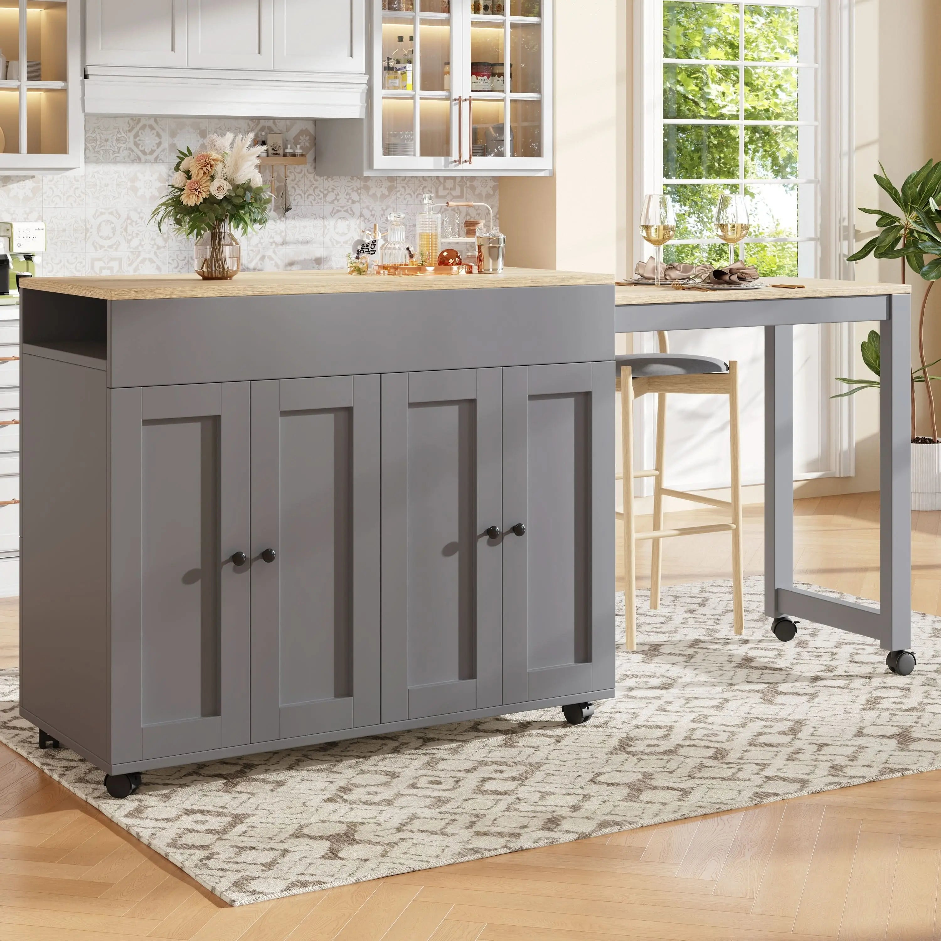 Modern Extendable Bar Table, Extendable Dining Table With Storage, With Six Shelves, Standing Table Bistro Table, For Dining Room, Use As Living Room Room Divider, White Gray Haslam Living