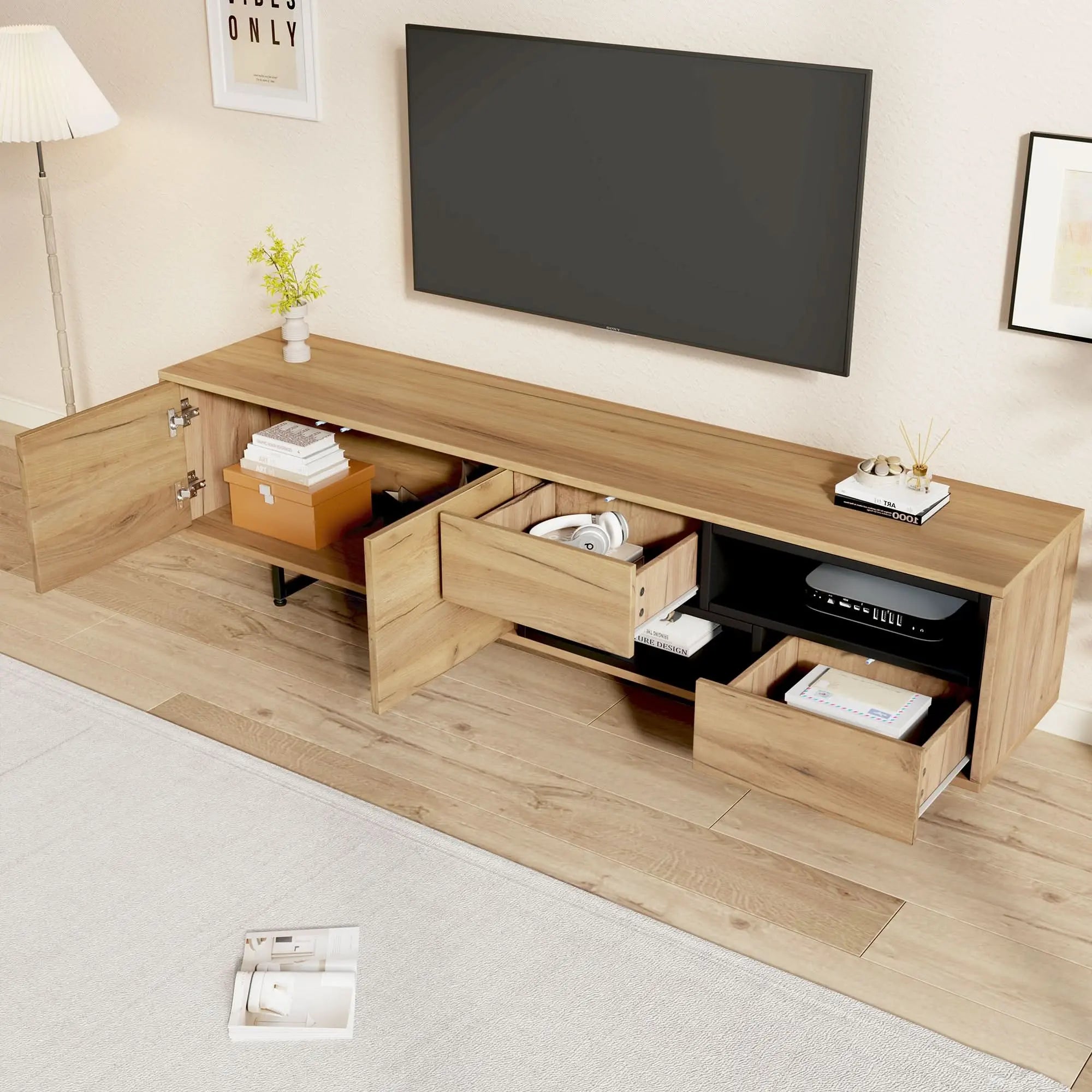 Living Room TV Cabinet,multi-functional Storage Cabinet, Made Of Wood Grain Particleboard, With Open Storage Space Featuring Two Drawers And Two Cabinet Doors, Suitable For A 70-inch TV Haslam Living