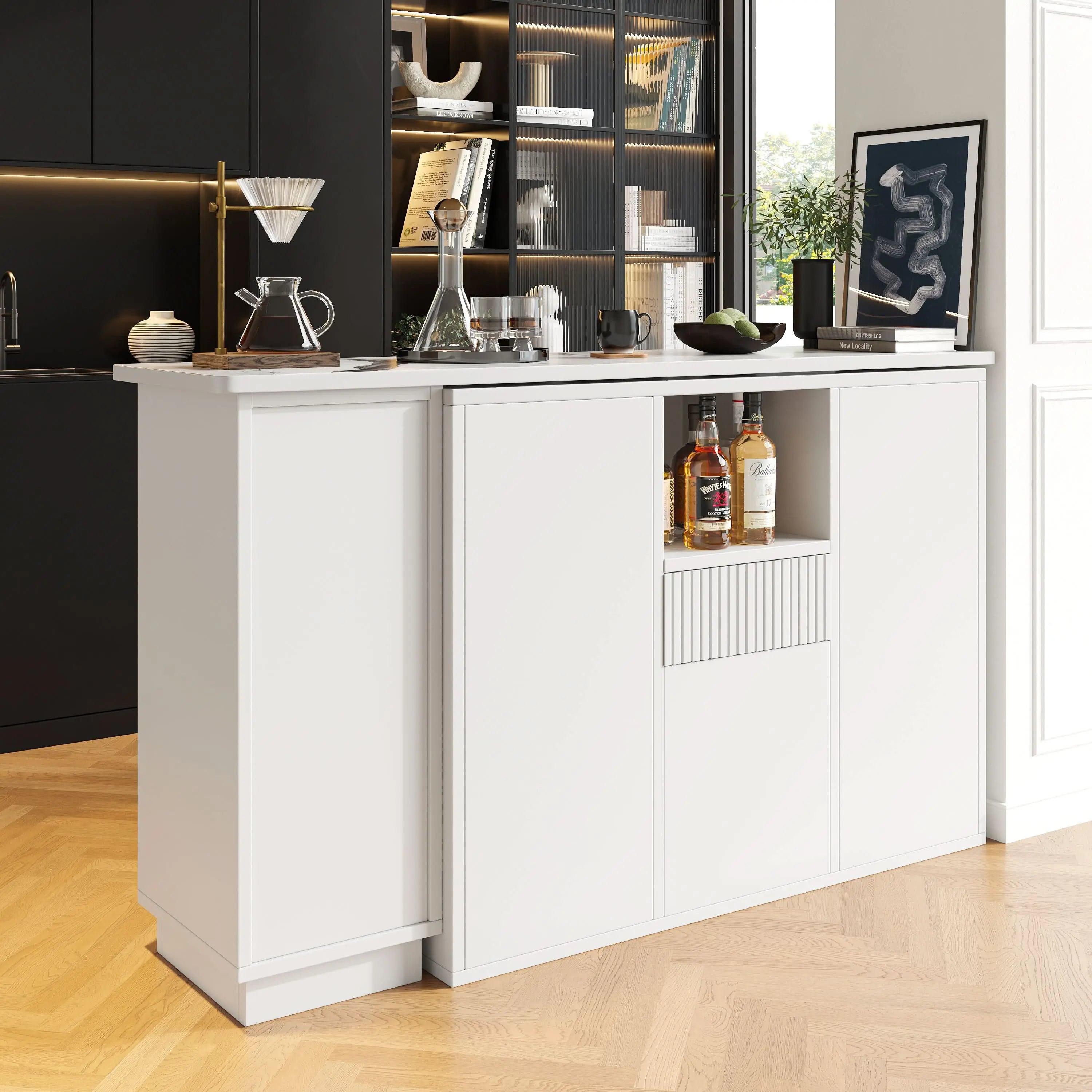 360 Swivelling Bar Table Main Body 198.5 X 30 X 75 Cm Modern And Sleek Design, With Open Storage Space And Marble Worktop, Suitable For Kitchen, Living Room And Dining Room, White Haslam Living