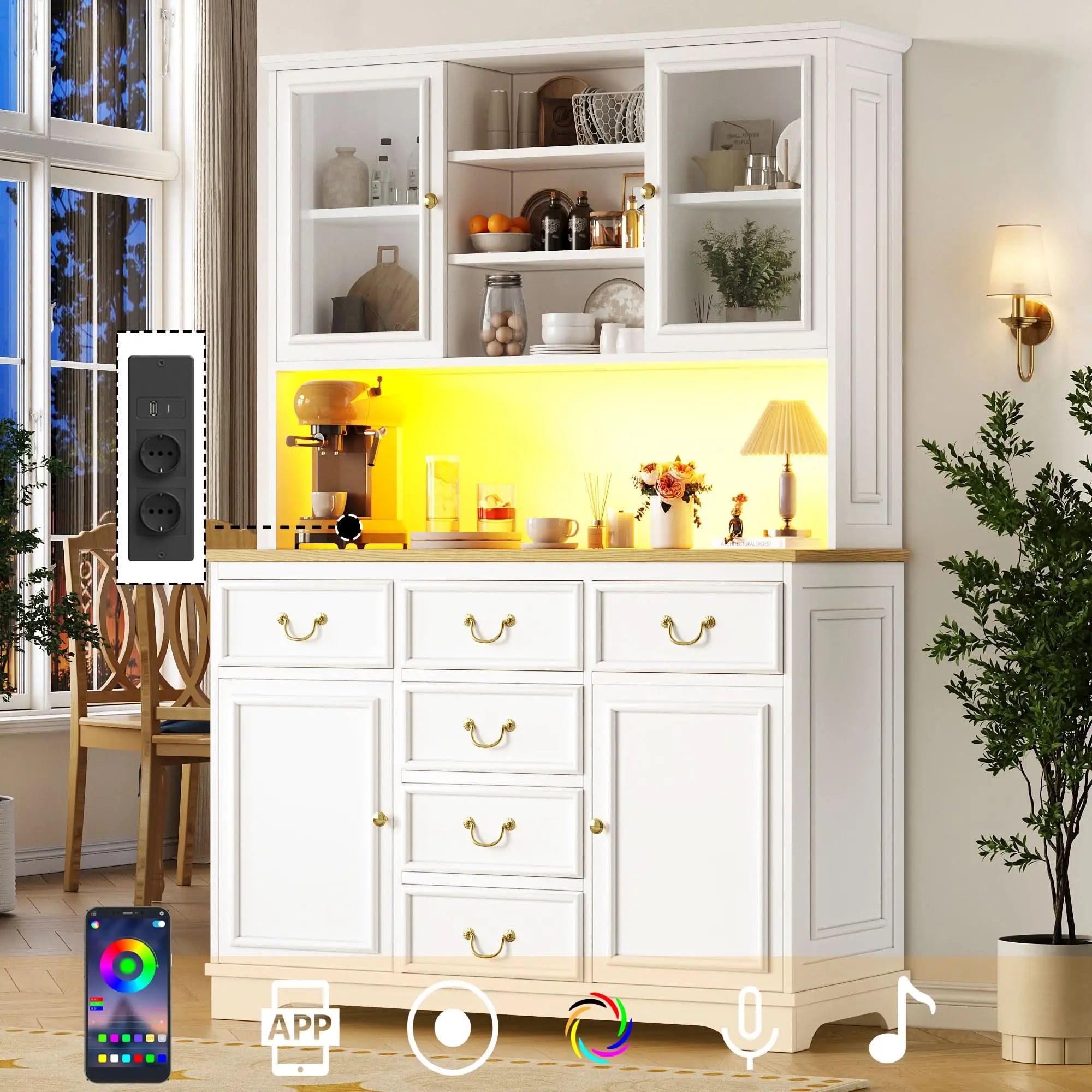 Tall Kitchen Cabinet With USB Ports And Sockets, Sideboard With LED Light Strip, Kitchen Cabinet, Storage Cabinet With Snack Shelf Doors, Sideboard, Waste Bin Can Be Installed, White Haslam Living
