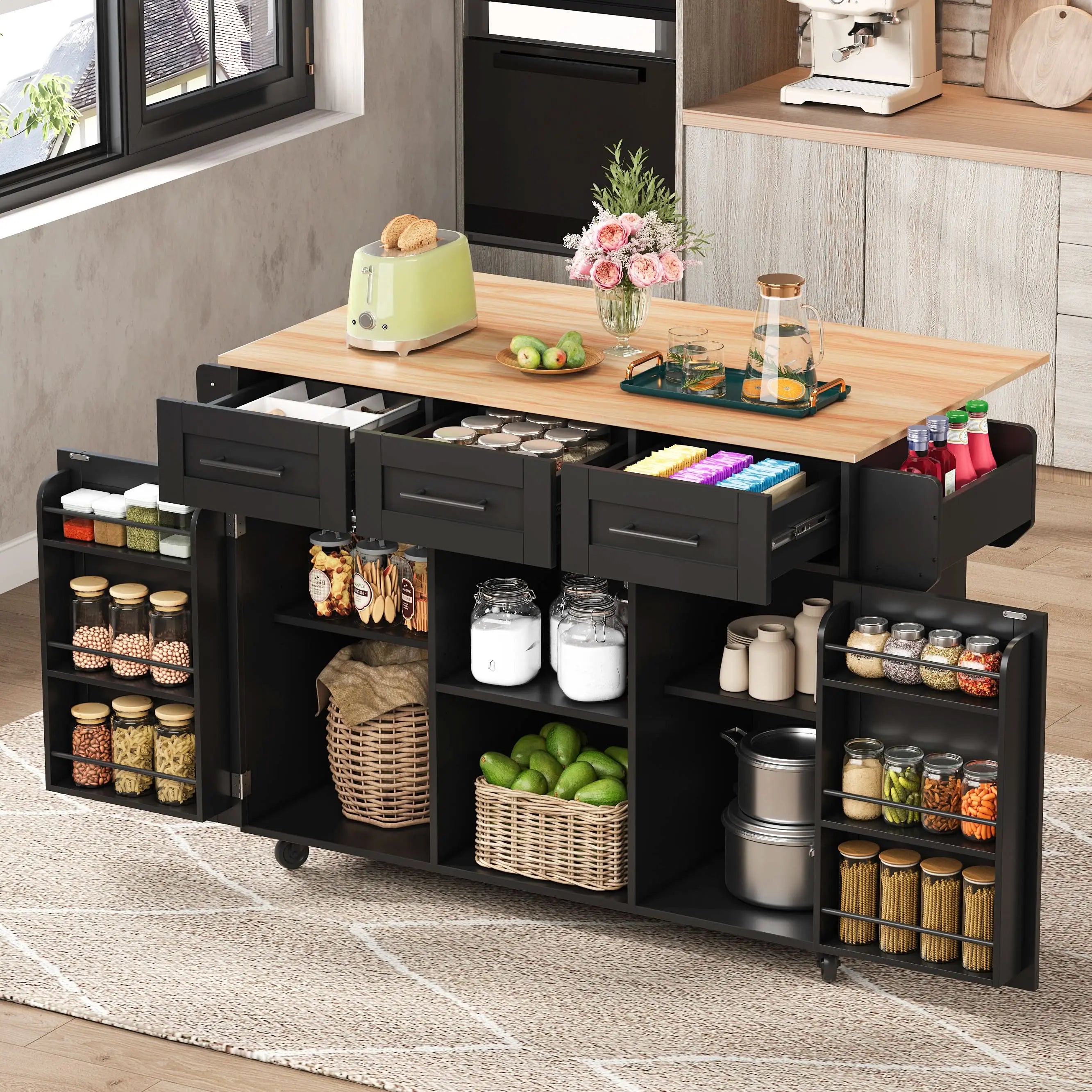 139x46  71x91.5 Cm Kitchen Island On Wheels,large Dining Cart, Trolley , Foldable Wood Grain Countertop, 3 Drawers, Interchangeable Wheels & Solid Wood Feet, For Dining Room Living Room Haslam Living