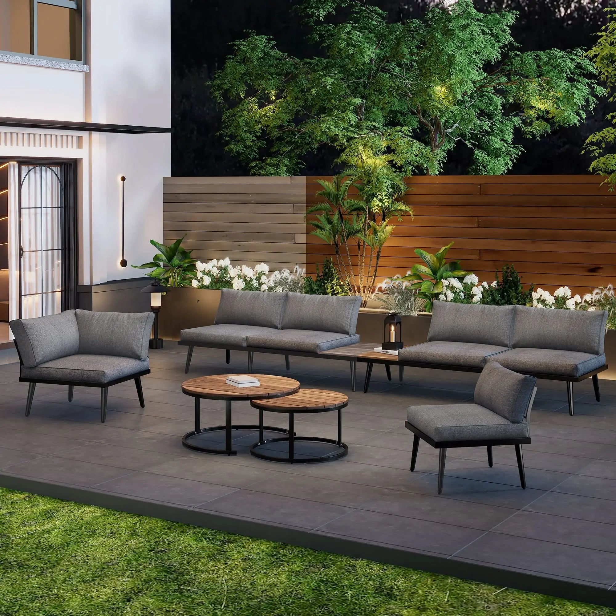 Modular Outdoor Sofa Set With Galvanized Iron Frame, Washable Cushions, Acacia Wood Nesting Tables, For Patio & Garden Haslam Living