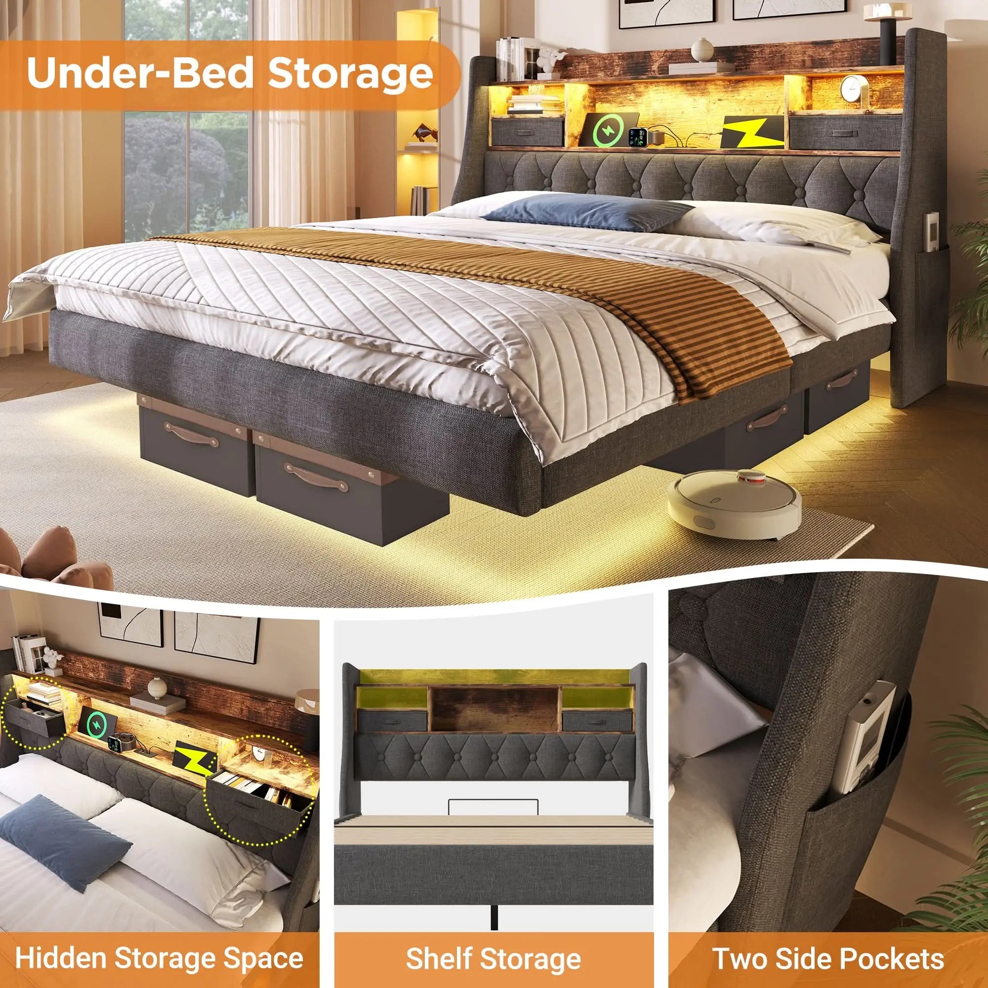 Upholstered Bed 4ft6 Floating Bed With LED Lighting, USB Type-C Charging, Storage Headboard For Cellphones And Tablets, Double Bed With Metal Slatted Frame, Linen, Grey No Mattress Haslam Living