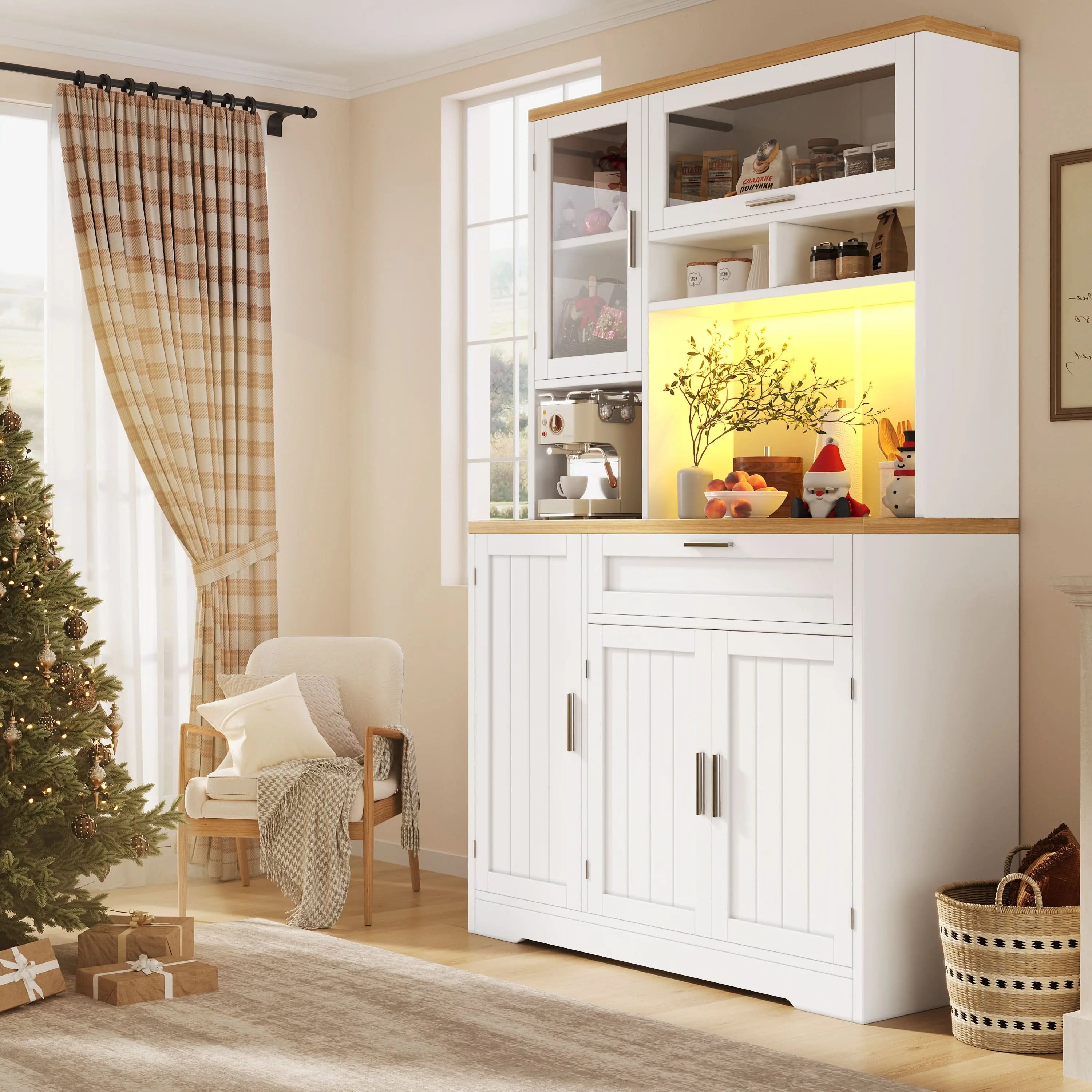 Tall Display Cabinet With LED Lighting, Kitchen & Living Room Storage, White Black Haslam Living