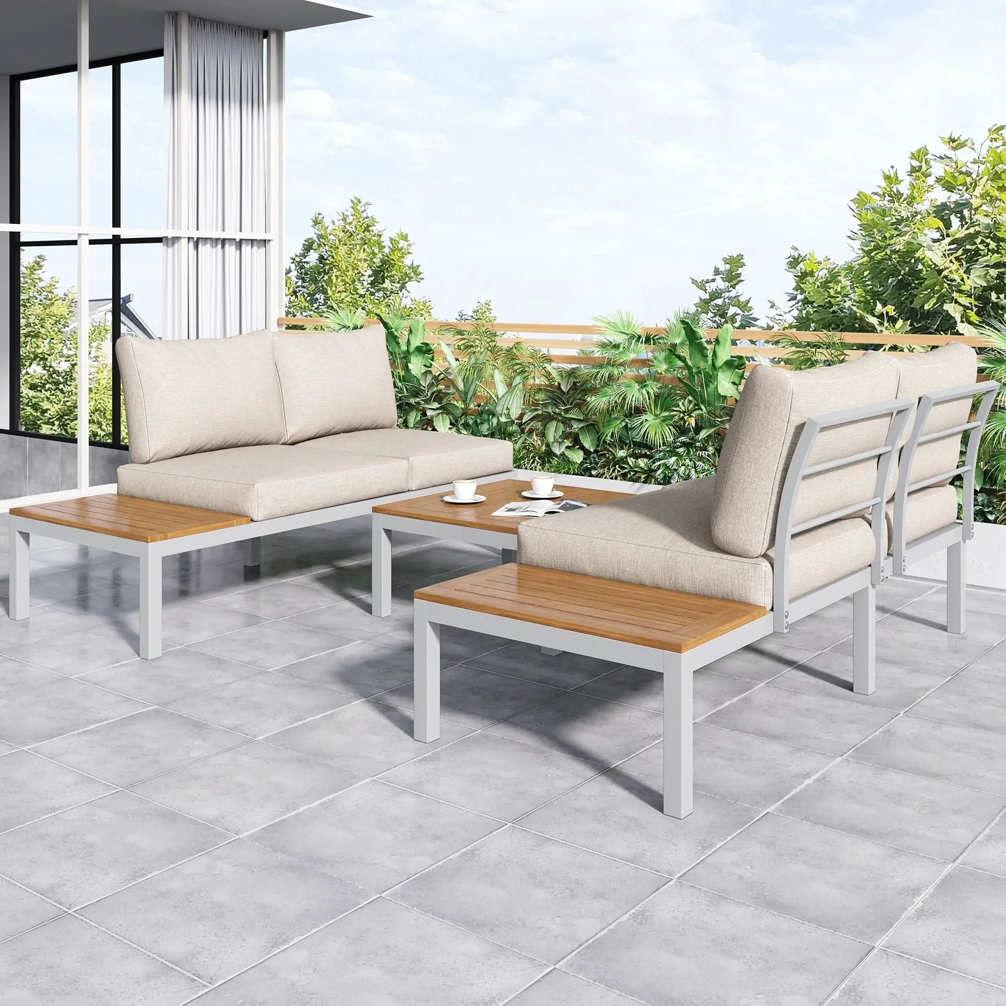 Outdoor Patio & Backyard Furniture Garden Lounge Set For 4 People, Space Saving Thick Quality L-Shaped Corner Sofa With Wooden Table, Beige Haslam Living