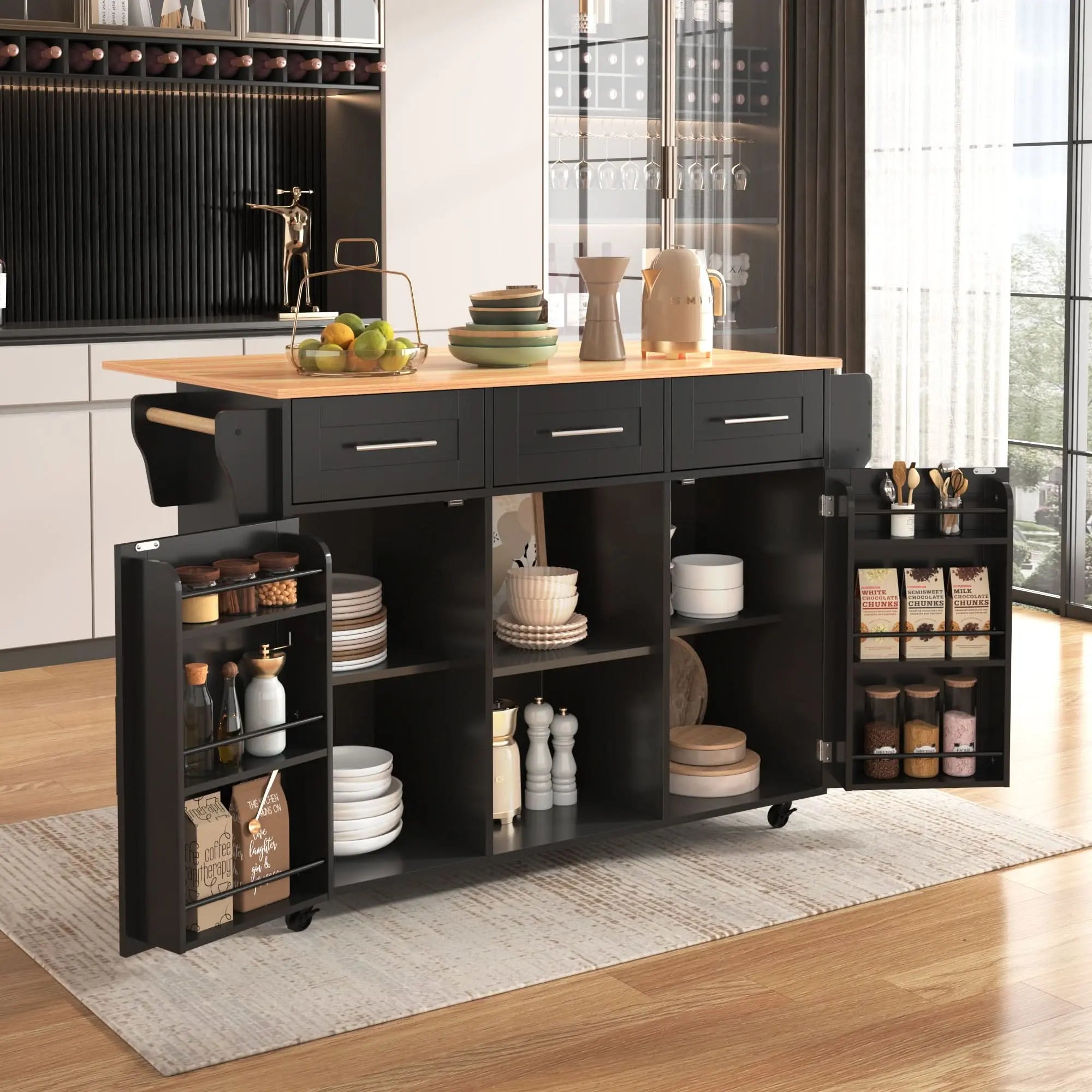 139x46  71x91.5 Cm Kitchen Island On Wheels,large Dining Cart, Trolley , Foldable Wood Grain Countertop, 3 Drawers, Interchangeable Wheels & Solid Wood Feet, For Dining Room Living Room Haslam Living