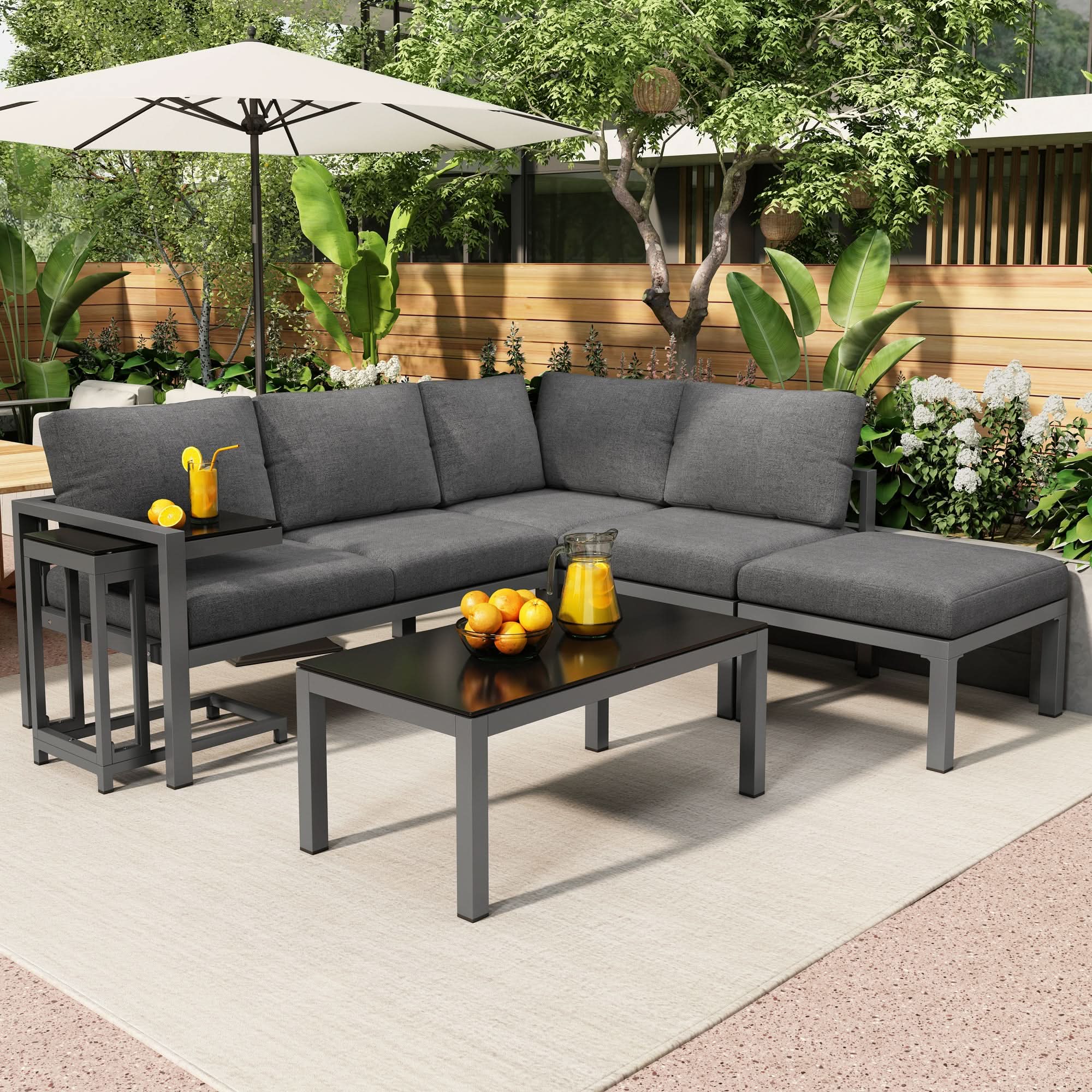 Outdoor Garden Terrace Lounge Sofa Set, Garden Furniture For 4-5 People With Side Table And Coffee Table, Corner Sofa, All-weather Lounge Furniture, Grey, All Cushions Included Haslam Living