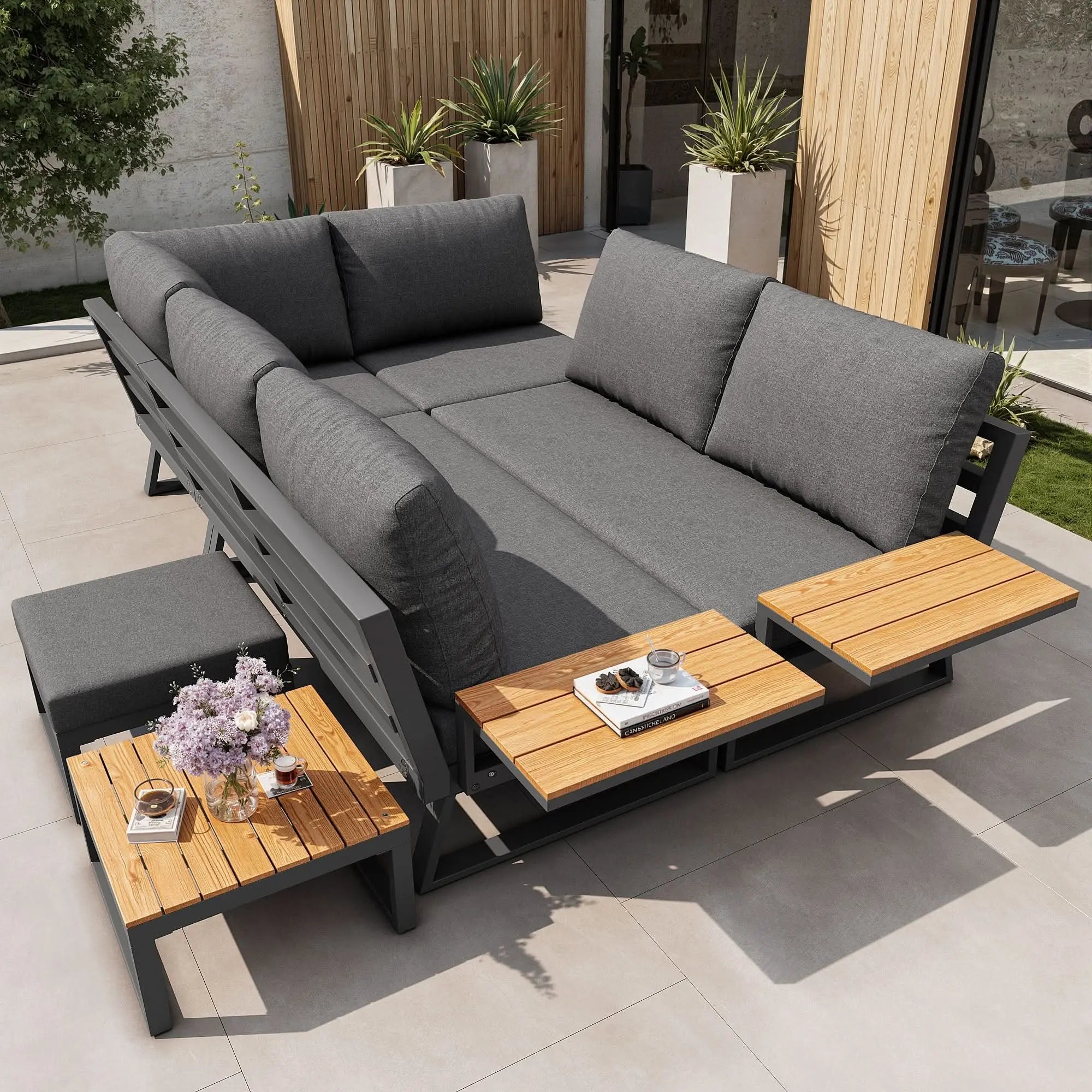 L-Shaped Garden Sofa Set With Wooden Armrests  Weather-Resistant Corner Suite & Daybed Made Of Iron  Including Wooden Table, Armchair & Stool, 7-Person  With Cushions  Gray Haslam Living