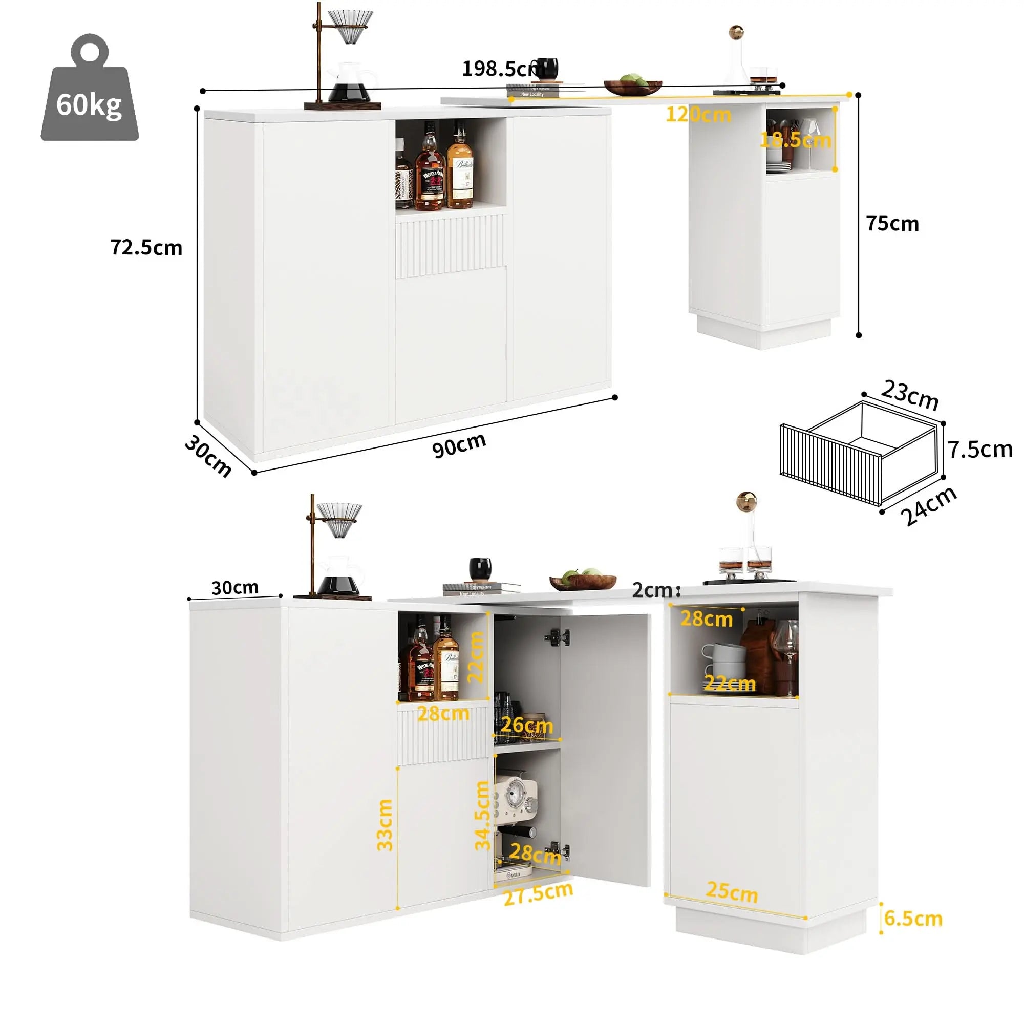 360 Swivelling Bar Table Main Body 198.5 X 30 X 75 Cm Modern And Sleek Design, With Open Storage Space And Marble Worktop, Suitable For Kitchen, Living Room And Dining Room, White Haslam Living