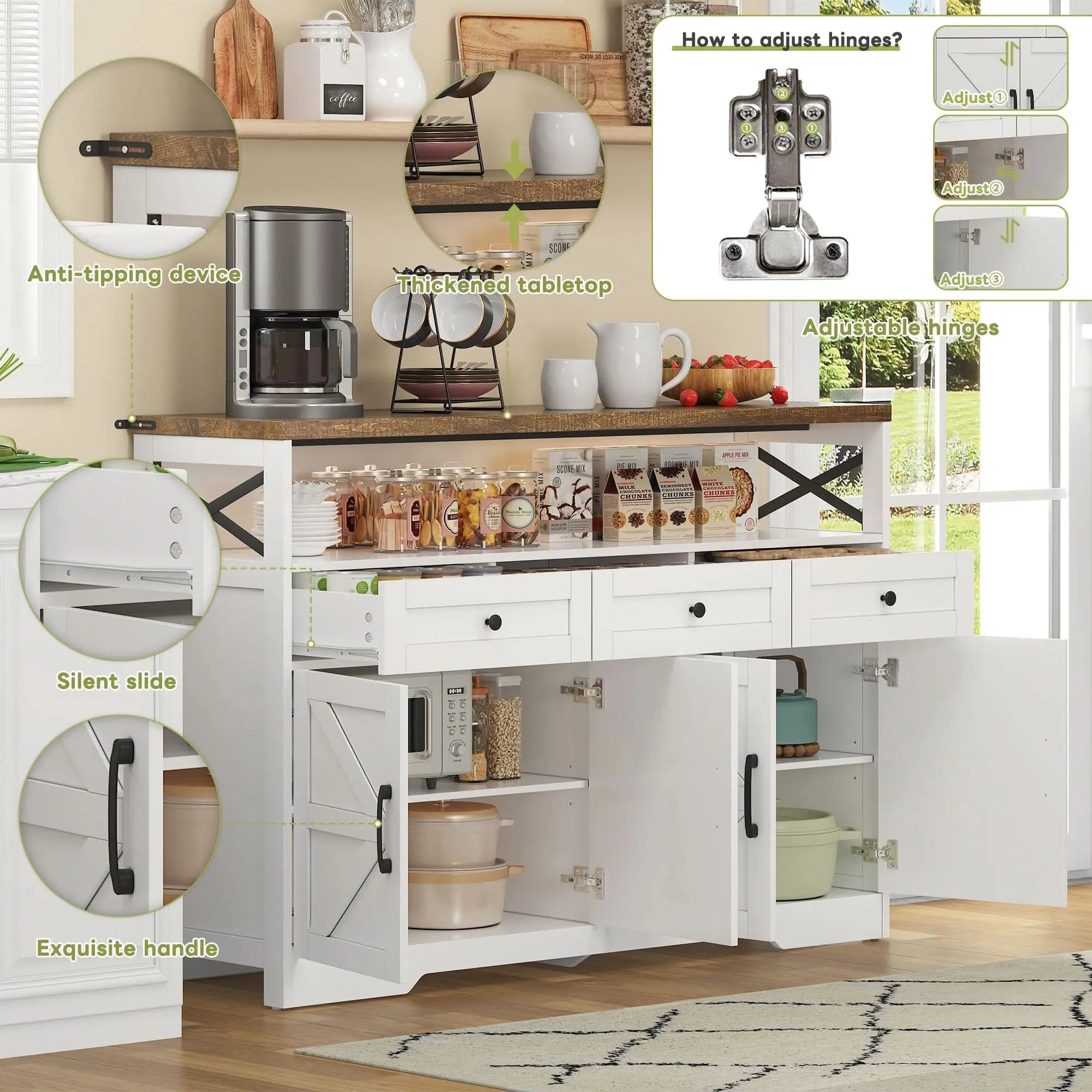 Sideboard 140cm With Storage, Coffee Bar Cabinet With 3 Drawers, Farmhouse Style  With Doors, Cabinets With Shelves, Suitable For Kitchen, Living Room, Hallway, Rustic White Brown Style Haslam Living