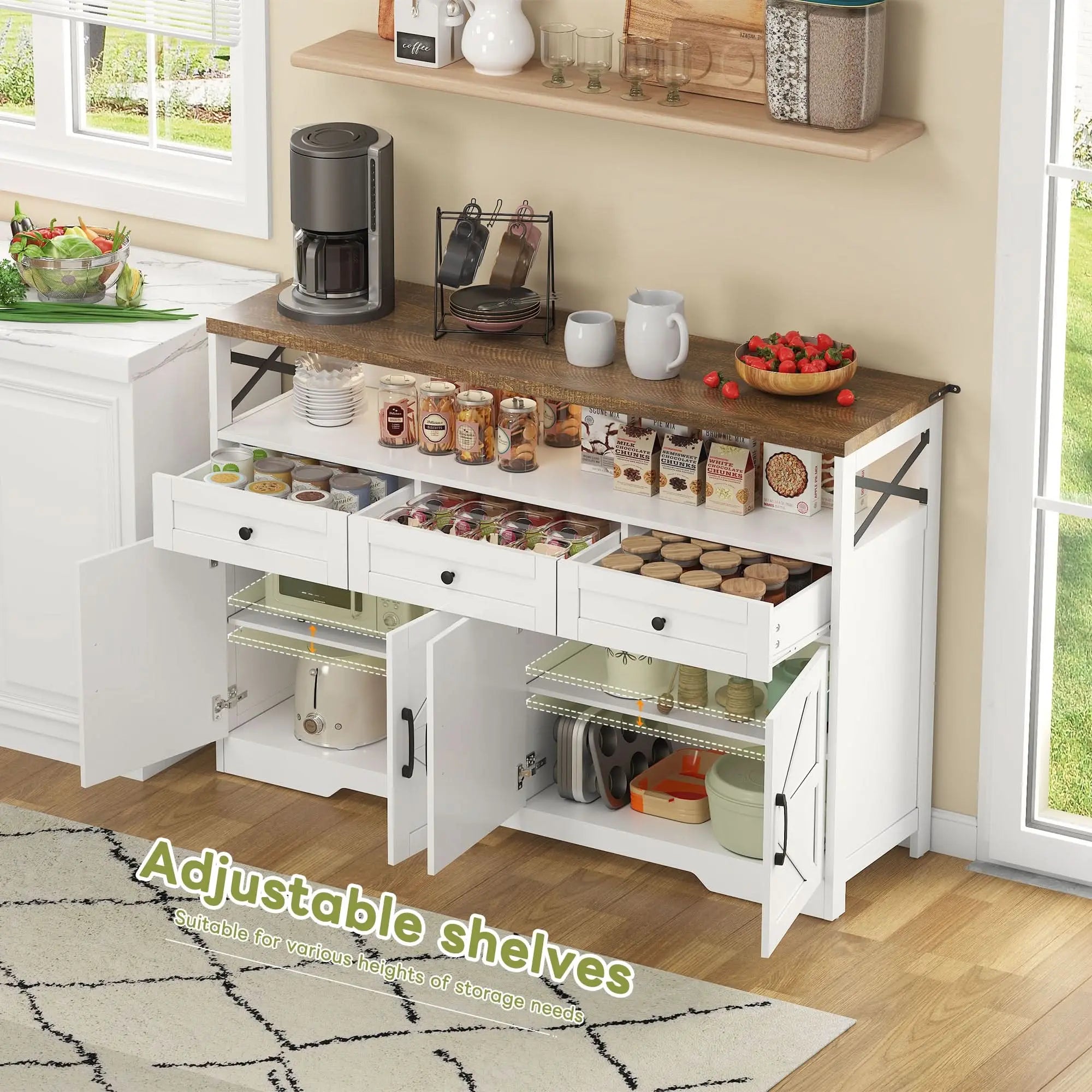 Sideboard 140cm With Storage, Coffee Bar Cabinet With 3 Drawers, Farmhouse Style  With Doors, Cabinets With Shelves, Suitable For Kitchen, Living Room, Hallway, Rustic White Brown Style Haslam Living