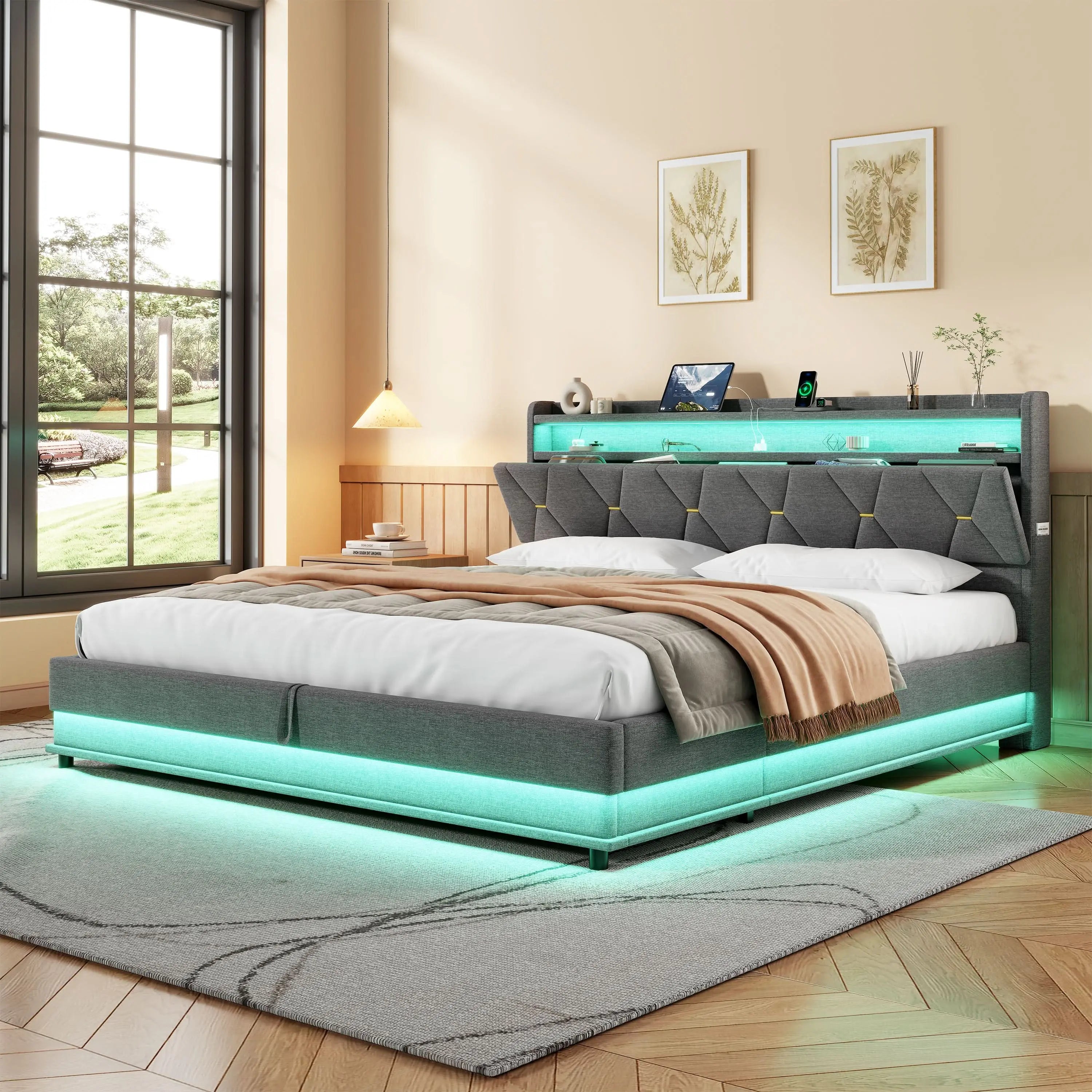 6ft Super King Upholstered Bed Frame With Hydraulic Storage, LED Headboard With Charging Station And Concealed Headboard Storage, USB And Type - C Ports, Linen, Grey, No Mattress Haslam Living