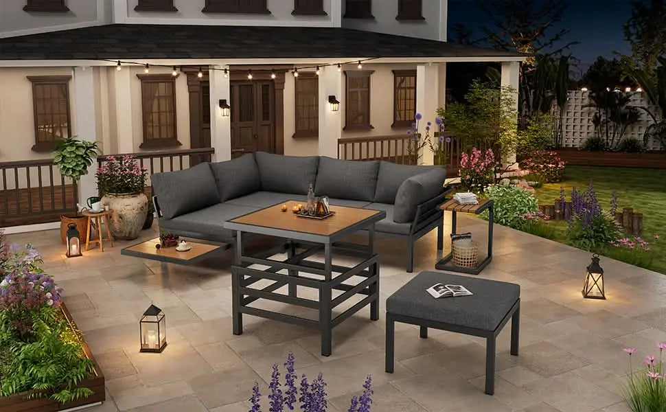 Outdoor Patio Furniture Set  2 Double Sofas  1 Ottoman , 1 Plastic Lift-Top Coffee Table, Galvanized Iron Frame, With Seat Cushions & Pillows, Includes Small Side Table With Extendable Tabletop Haslam Living