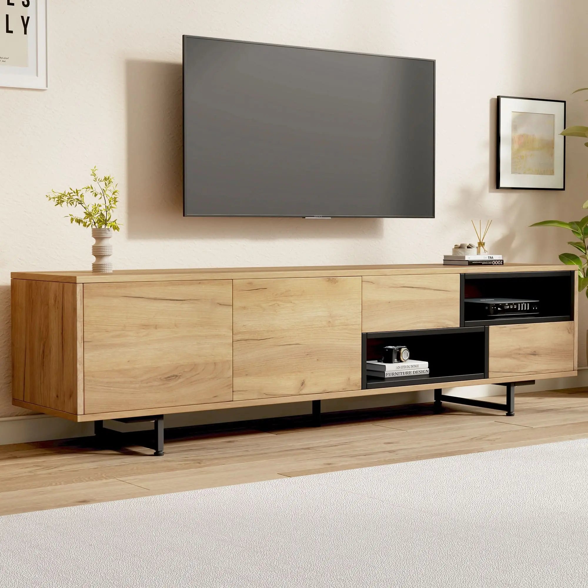 Living Room TV Cabinet,multi-functional Storage Cabinet, Made Of Wood Grain Particleboard, With Open Storage Space Featuring Two Drawers And Two Cabinet Doors, Suitable For A 70-inch TV Haslam Living