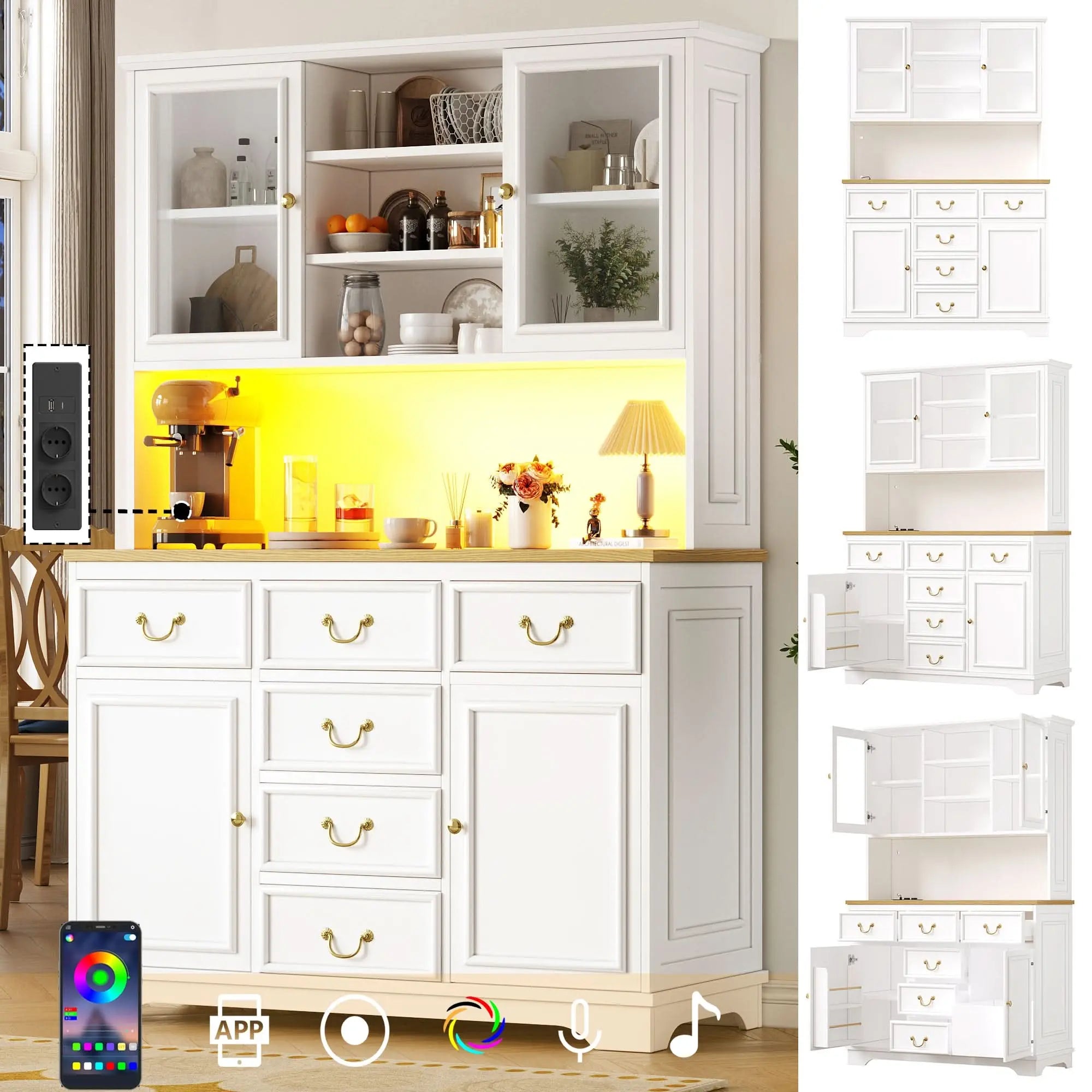 Tall Kitchen Cabinet With USB Ports And Sockets, Sideboard With LED Light Strip, Kitchen Cabinet, Storage Cabinet With Snack Shelf Doors, Sideboard, Waste Bin Can Be Installed, White Haslam Living