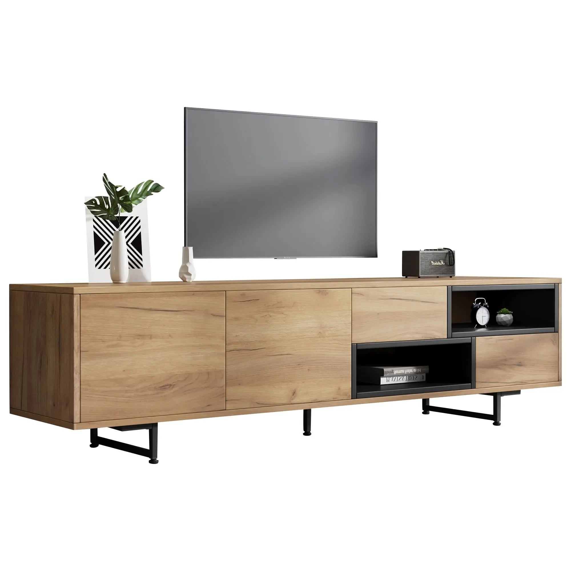 Living Room TV Cabinet,multi-functional Storage Cabinet, Made Of Wood Grain Particleboard, With Open Storage Space Featuring Two Drawers And Two Cabinet Doors, Suitable For A 70-inch TV Haslam Living