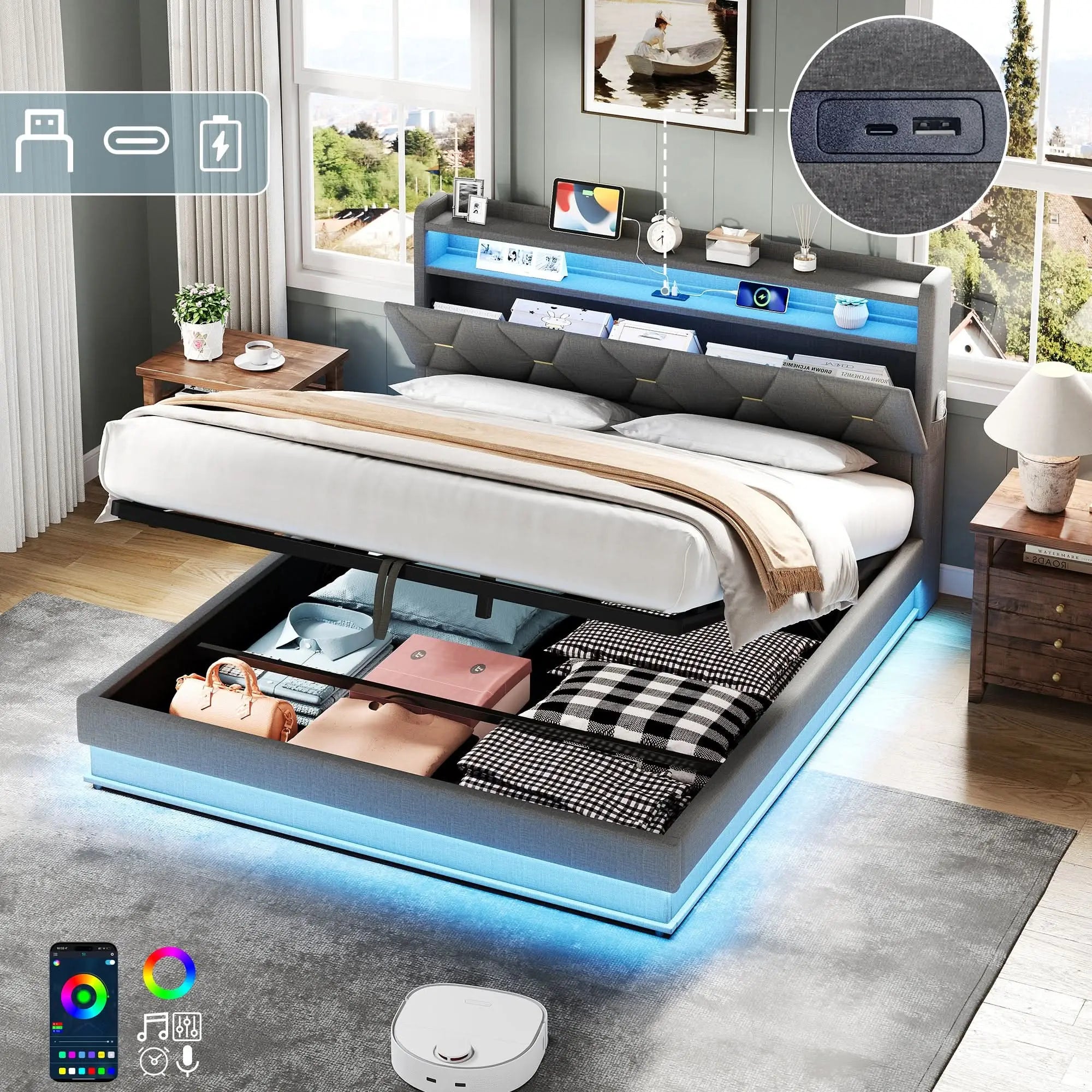 4ft6 Double Upholstered Bed Frame With Hydraulic Storage,  LED Headboard With Charging Station And Concealed Headboard Storage, USB And Type - C Ports, Linen, No Box Spring Needed, Grey, No Mattress Haslam Living