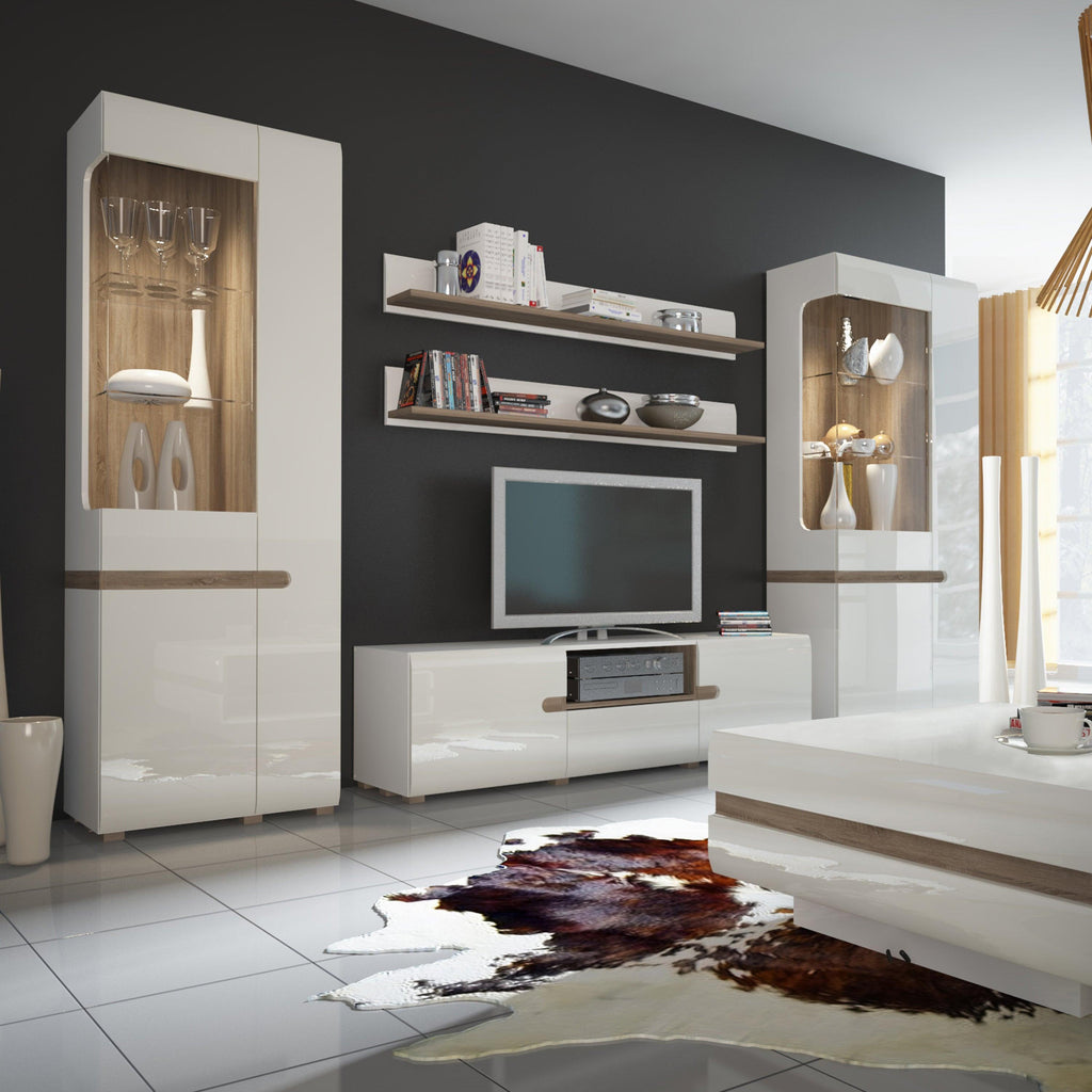 Chelsea Living Tall Glazed Narrow Display Unit (RHD) in White with a Truffle Oak Trim - image 4