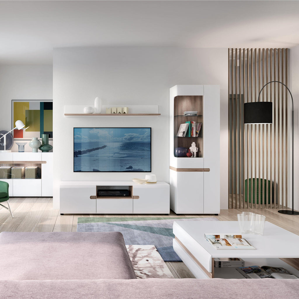 Chelsea Living Tall Glazed Narrow Display Unit (RHD) in White with a Truffle Oak Trim - image 6