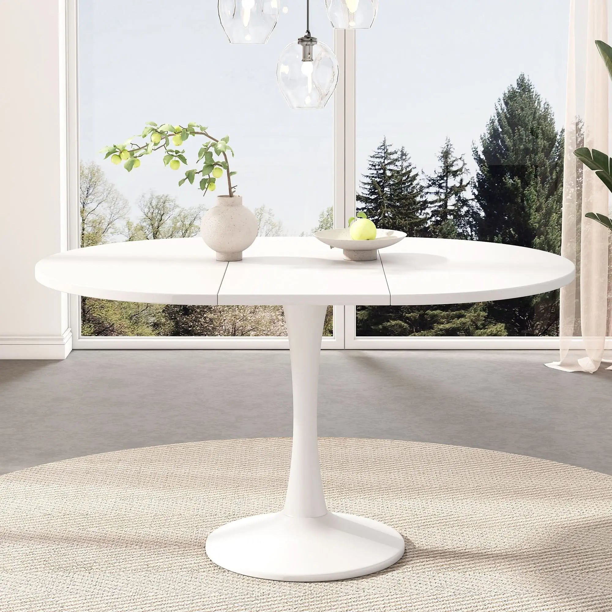 Modern Extendable Round Dining Table, Space Saving Design With Smooth Extension Mechanism, Ideal For 4-6 People,Contemporary Style,White Haslam Living