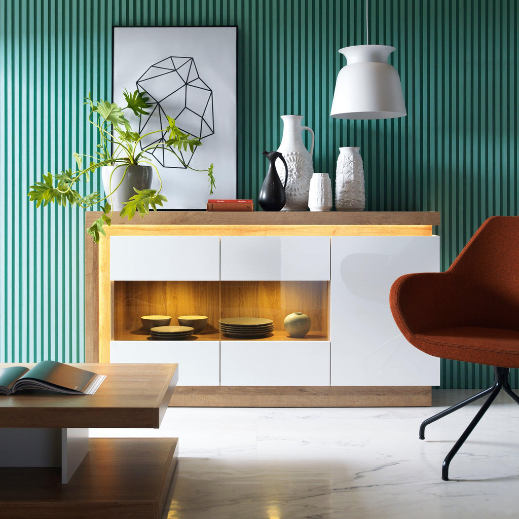 Lyon 3 Door Glazed Sideboard in Riviera Oak/White High Gloss - image 3