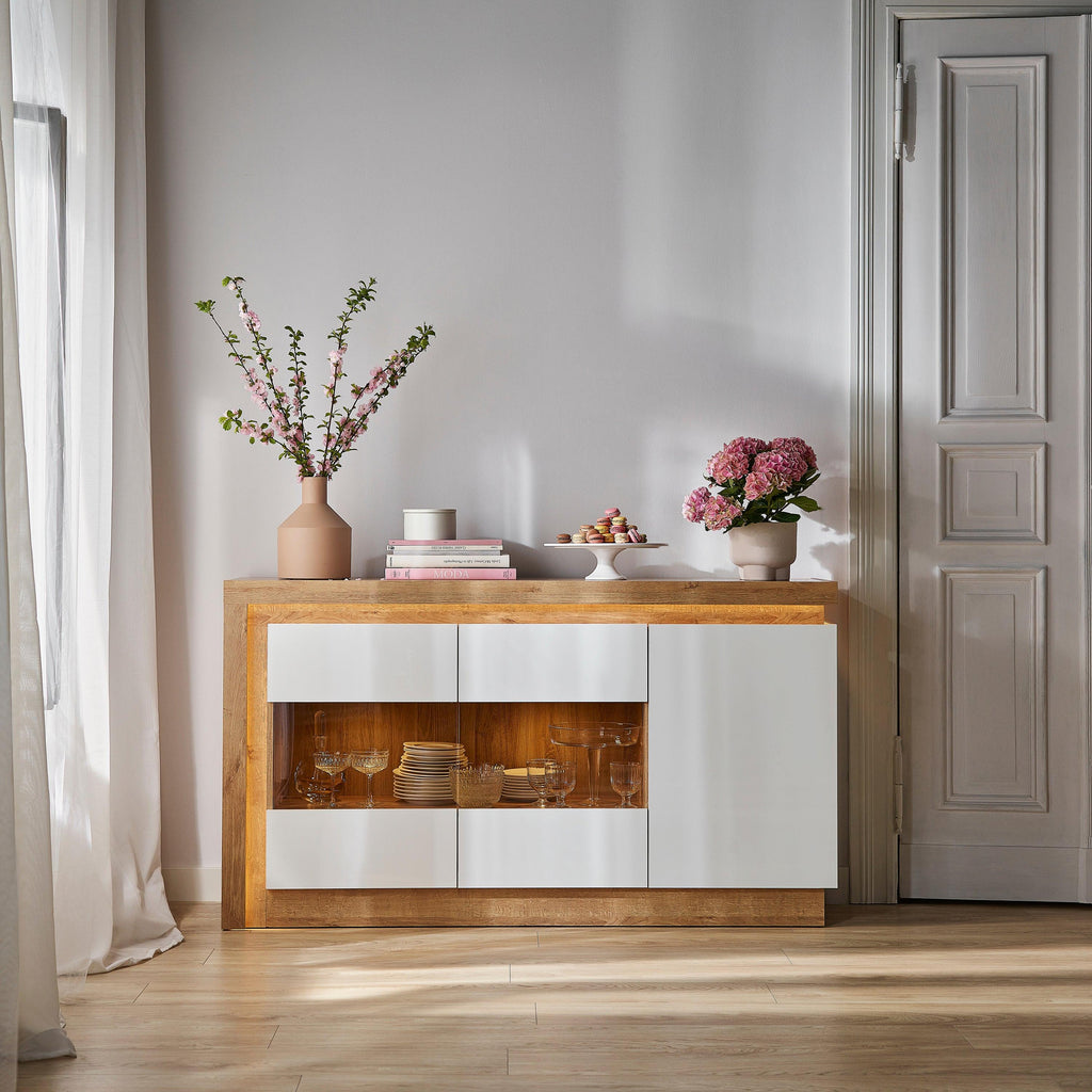 Lyon 3 Door Glazed Sideboard in Riviera Oak/White High Gloss - image 7
