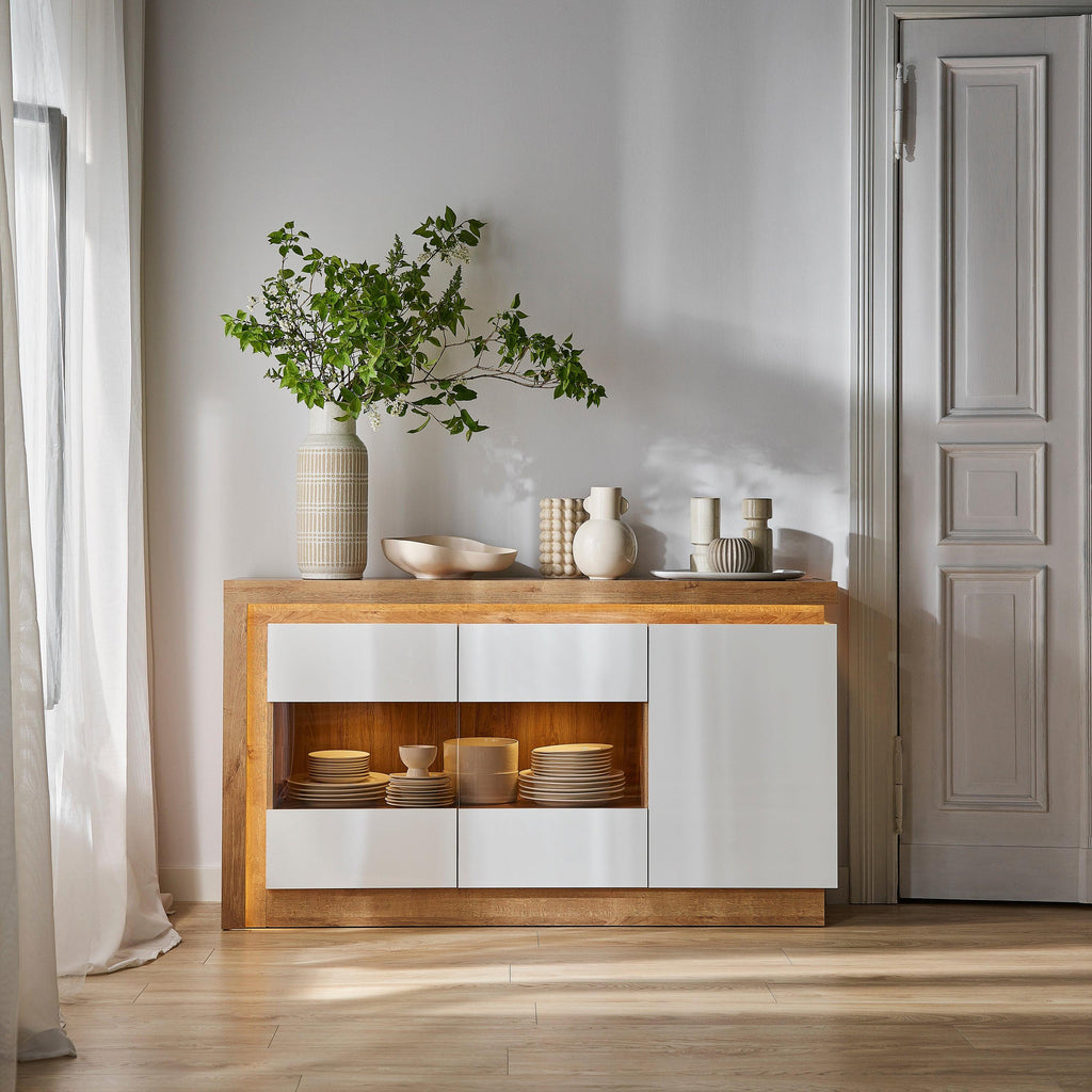Lyon 3 Door Glazed Sideboard in Riviera Oak/White High Gloss - image 8