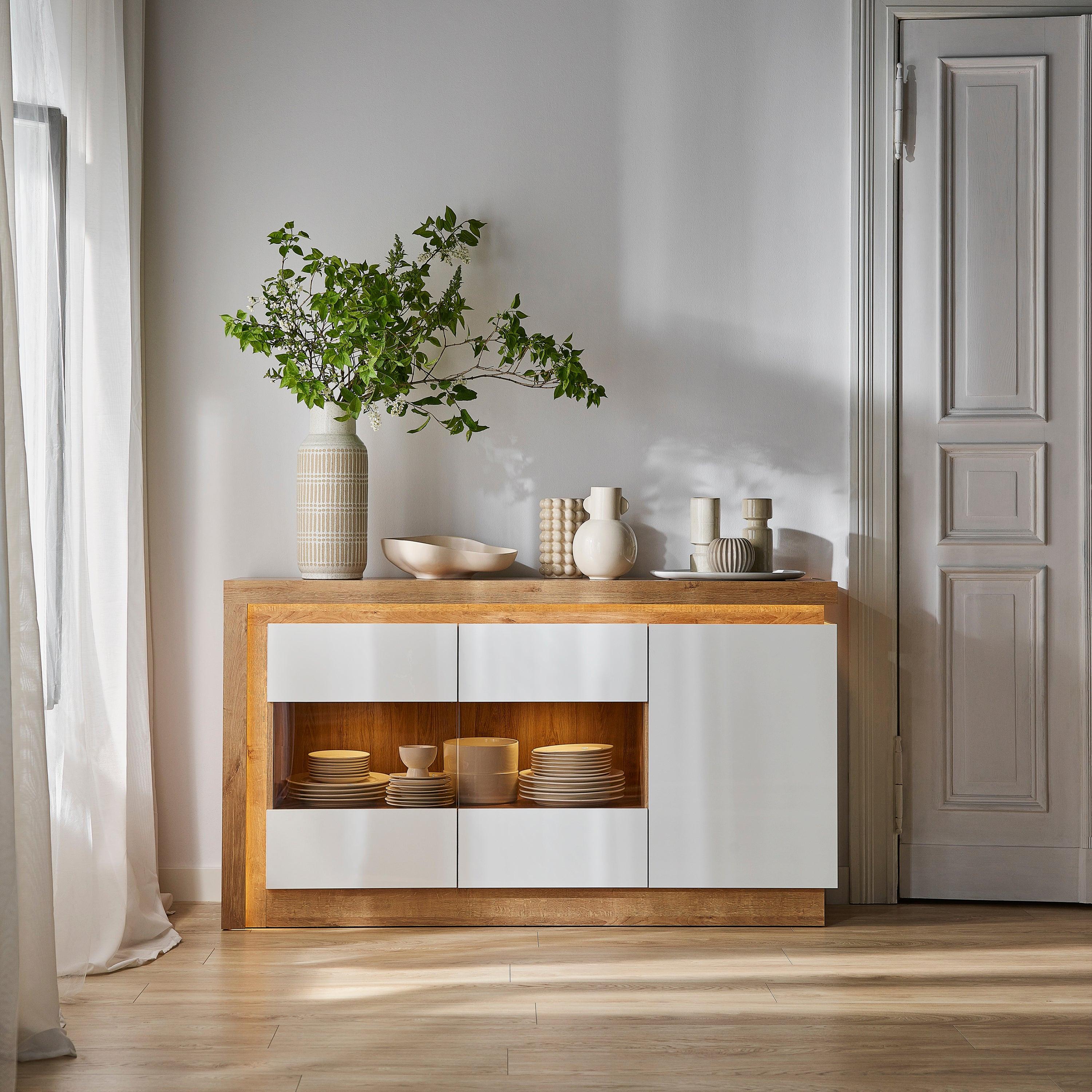 Lyon 3 Door Glazed Sideboard in Riviera Oak/White High Gloss - image 8