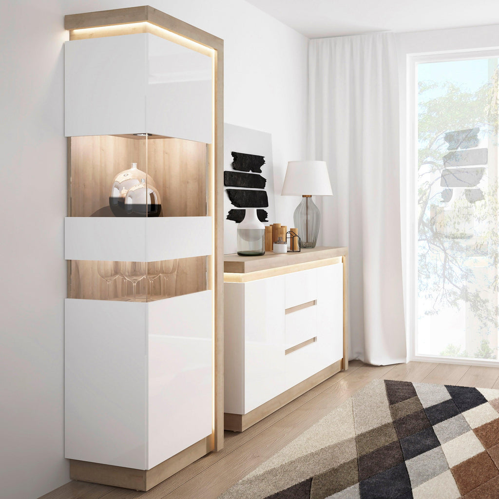 Lyon Tall Narrow Display Cabinet (LHD) in Riviera Oak/White High Gloss - image 4