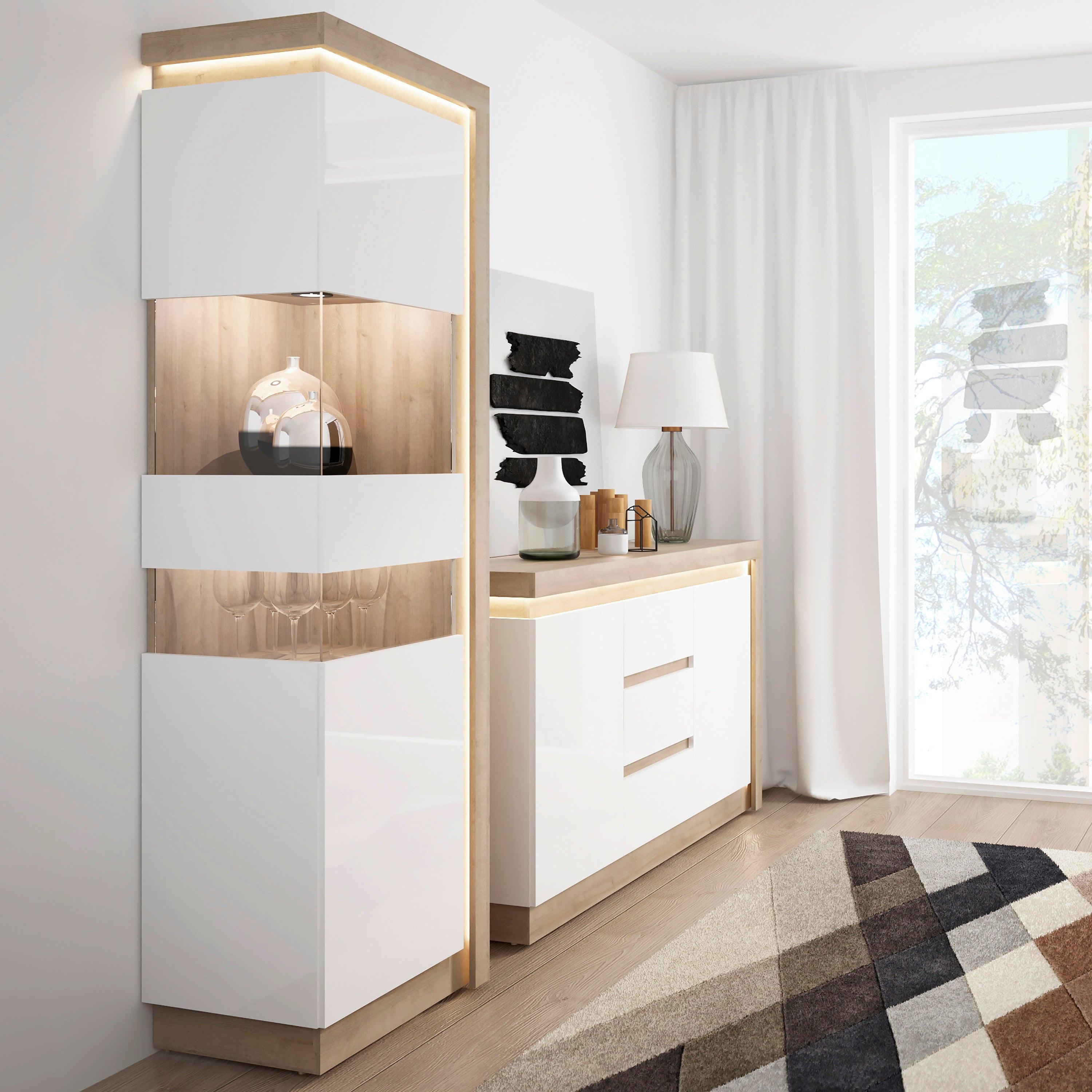 Lyon Tall Narrow Display Cabinet (LHD) in Riviera Oak/White High Gloss - image 4