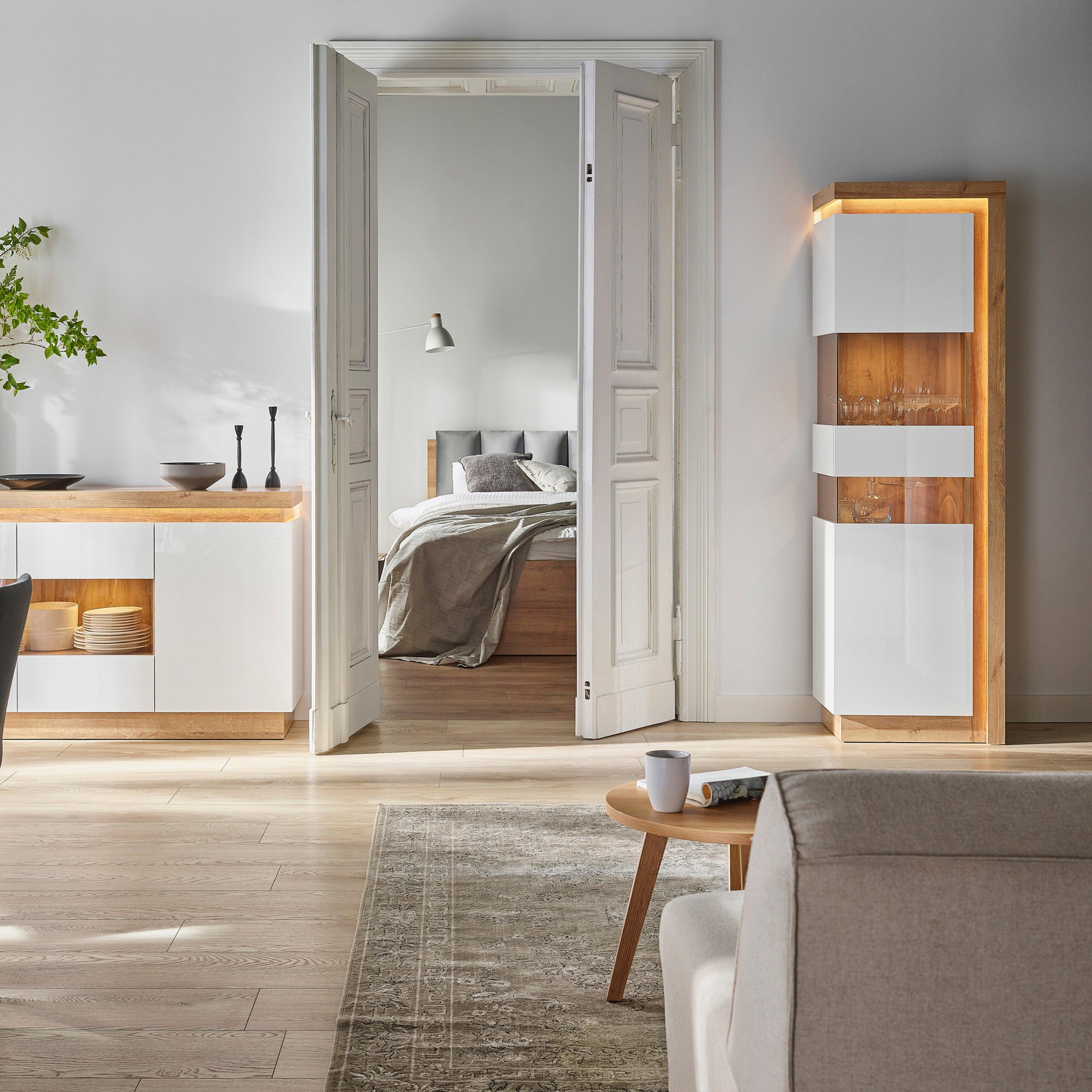 Lyon Tall Narrow Display Cabinet (LHD) in Riviera Oak/White High Gloss - image 5