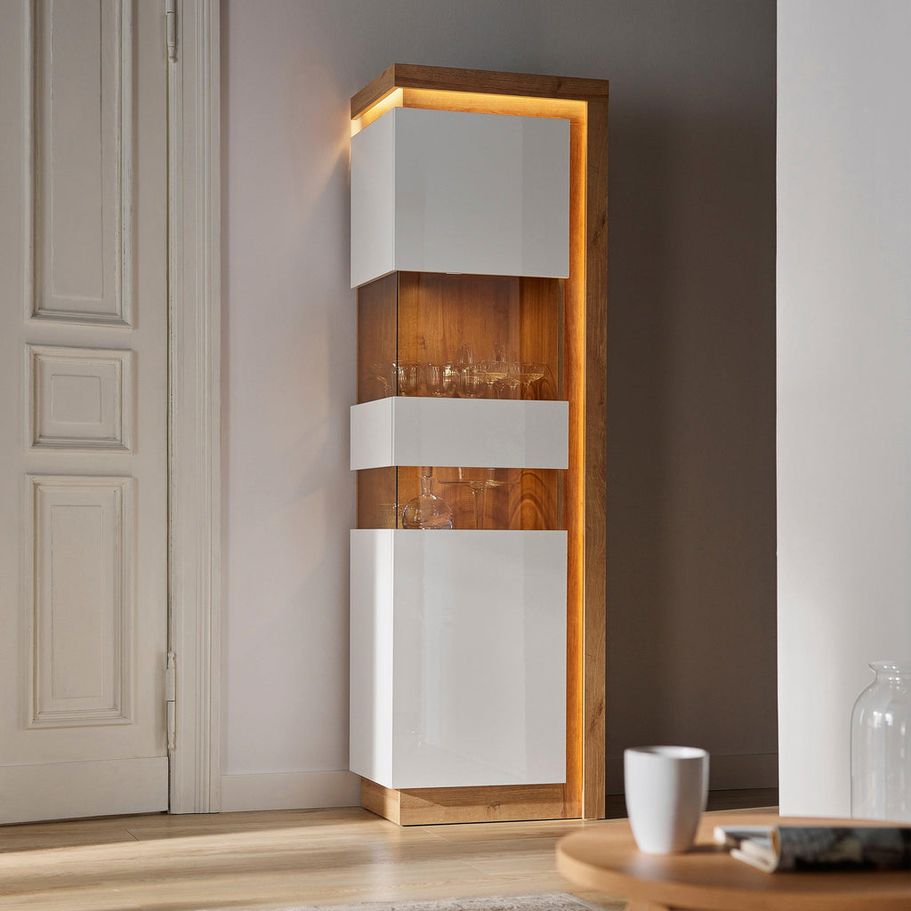 Lyon Tall Narrow Display Cabinet (LHD) in Riviera Oak/White High Gloss - image 6