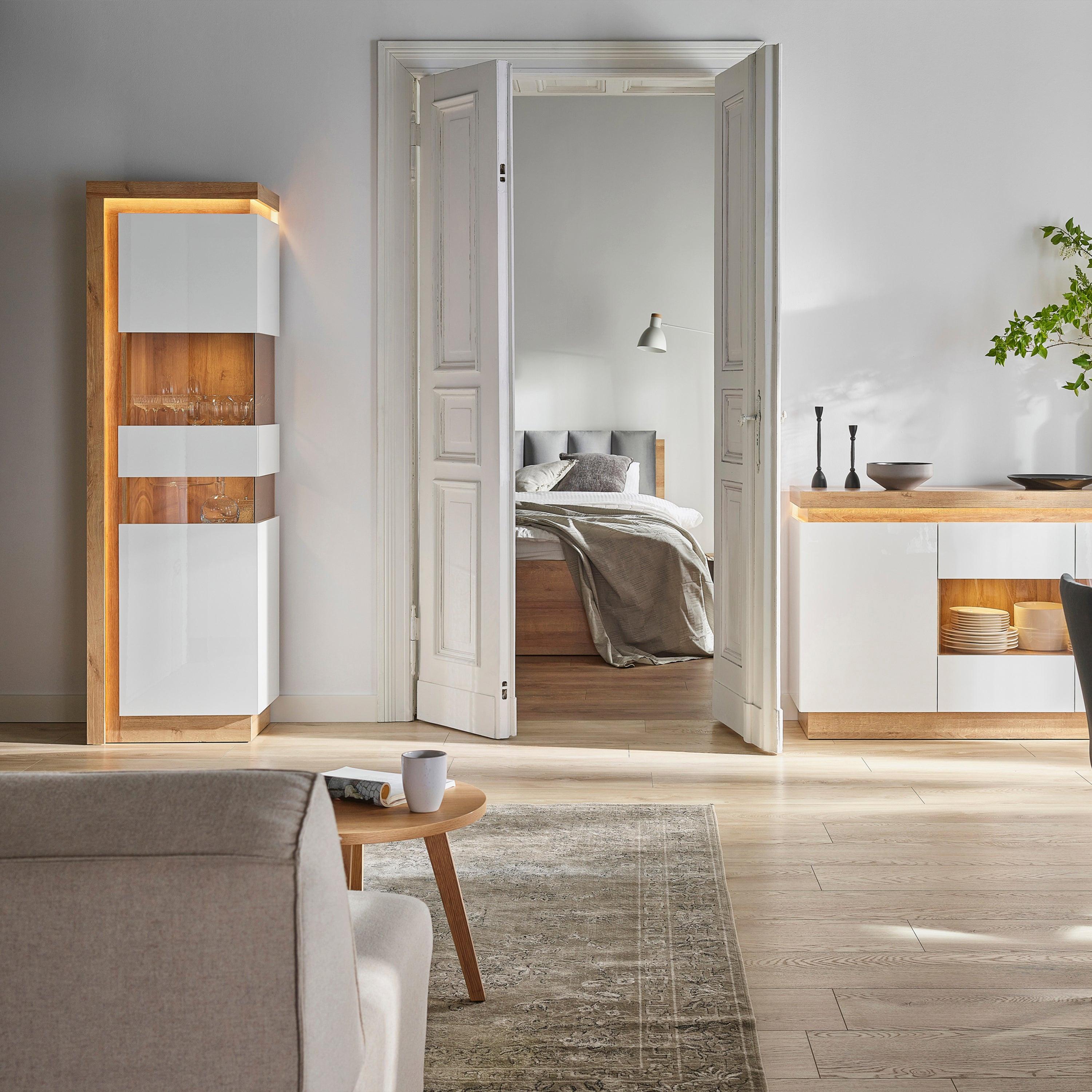 Lyon Tall Narrow Display Cabinet (RHD) in Riviera Oak/White High Gloss - image 4