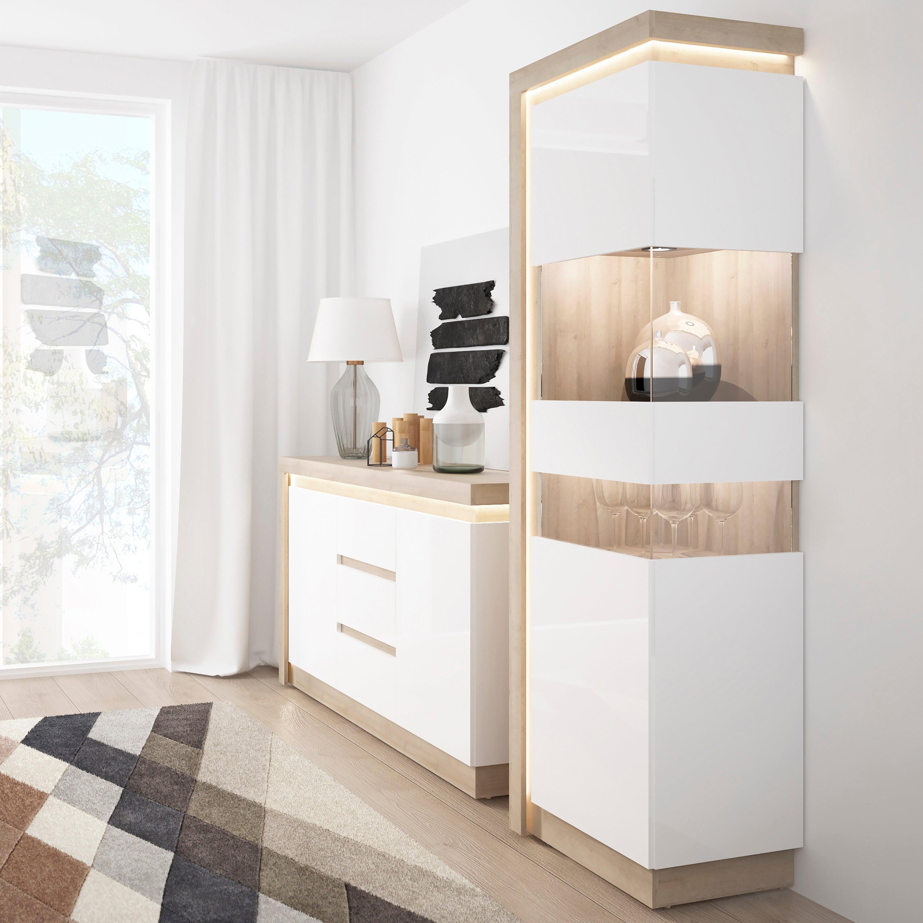 Lyon Tall Narrow Display Cabinet (RHD) in Riviera Oak/White High Gloss - image 6