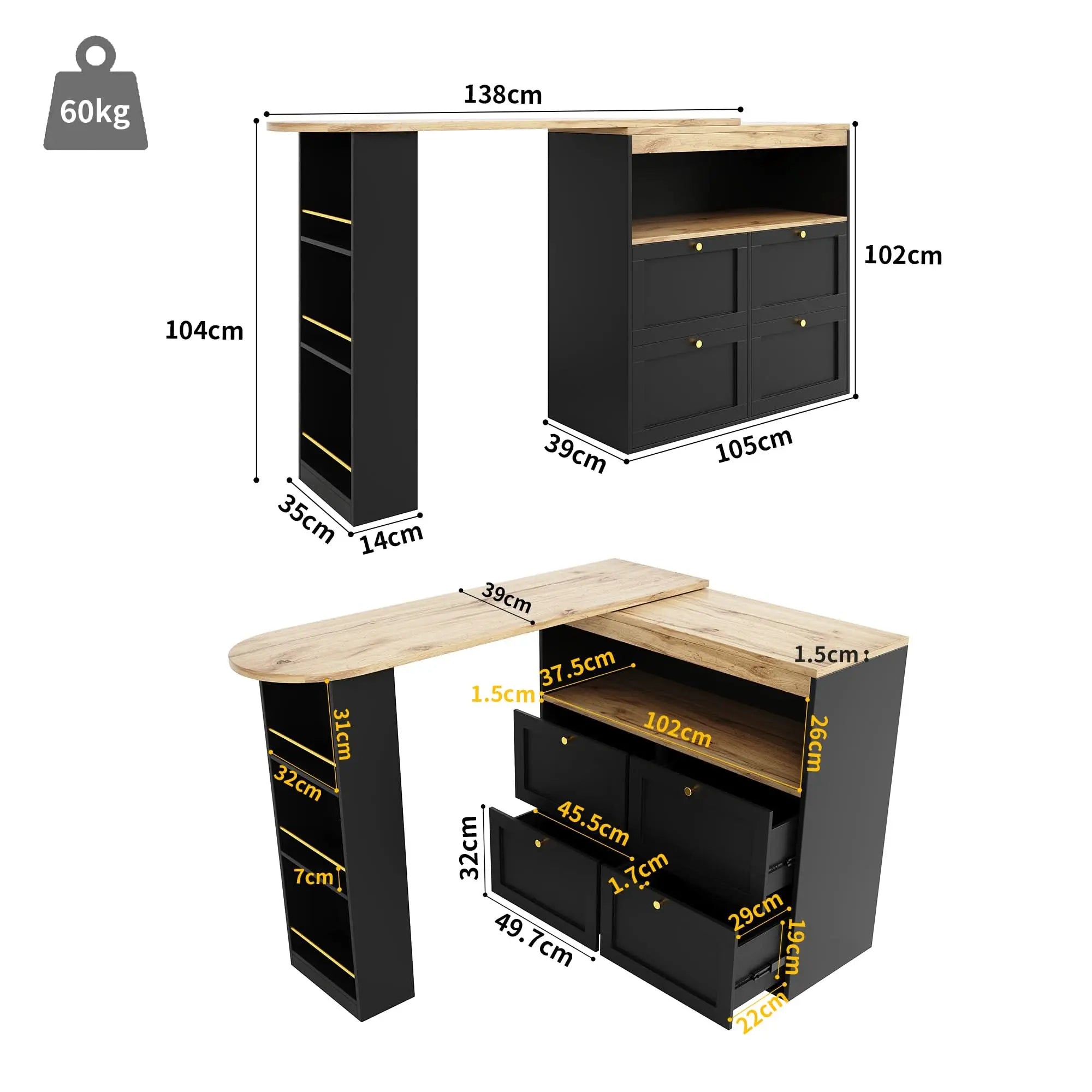 360 Swivelling Bar Table Main Body 105 X 39 X 102 Cm, With 4 Drawers And Open Shelves, Suitable For Dining Room Study Living Room Etc. Haslam Living