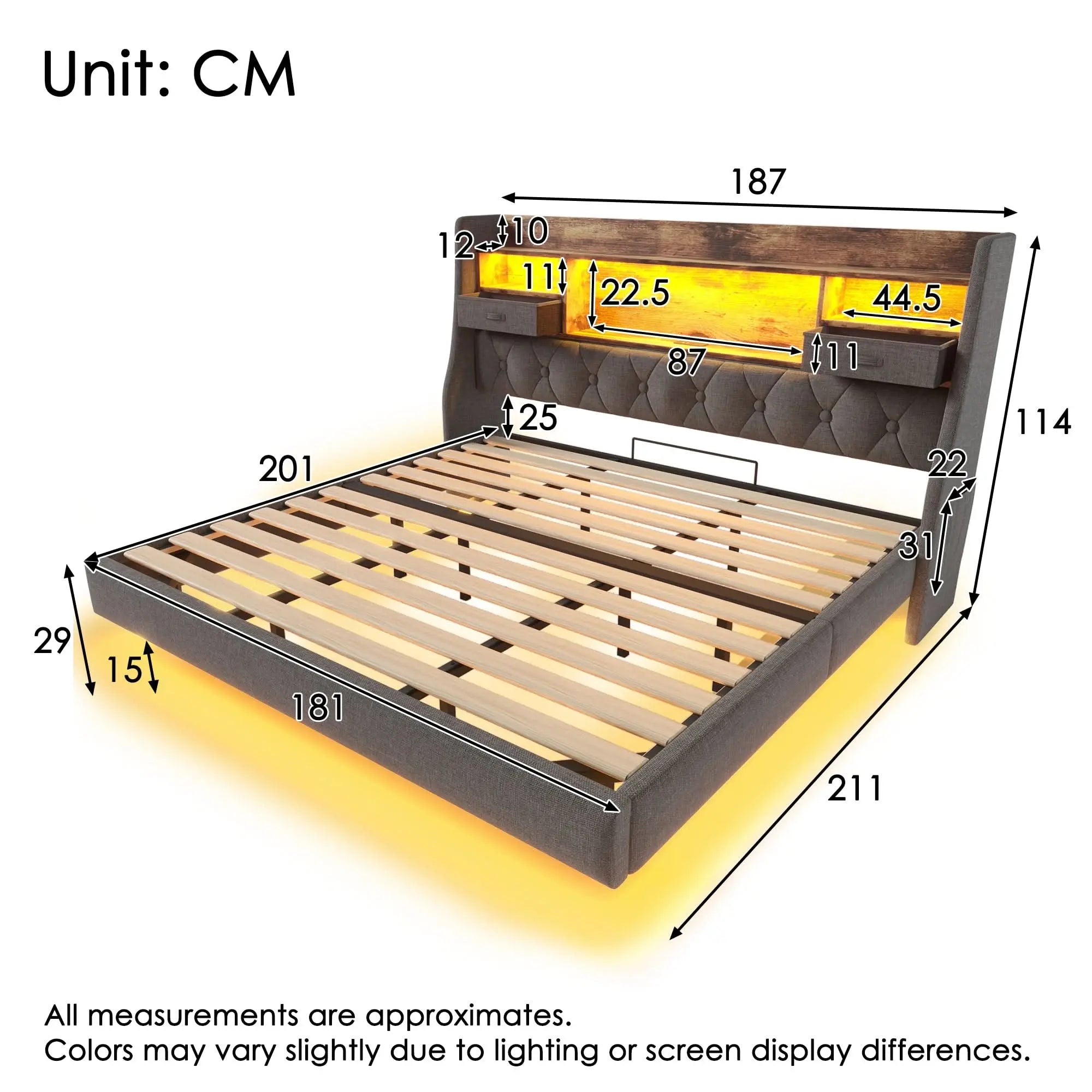 Upholstered Bed 6ft Floating Bed With LED Lighting, USB Type-C Charging, Storage Headboard For Cellphones & Tablets, Super King Bed With Metal Slatted Frame, Linen, Grey, No Mattress Haslam Living