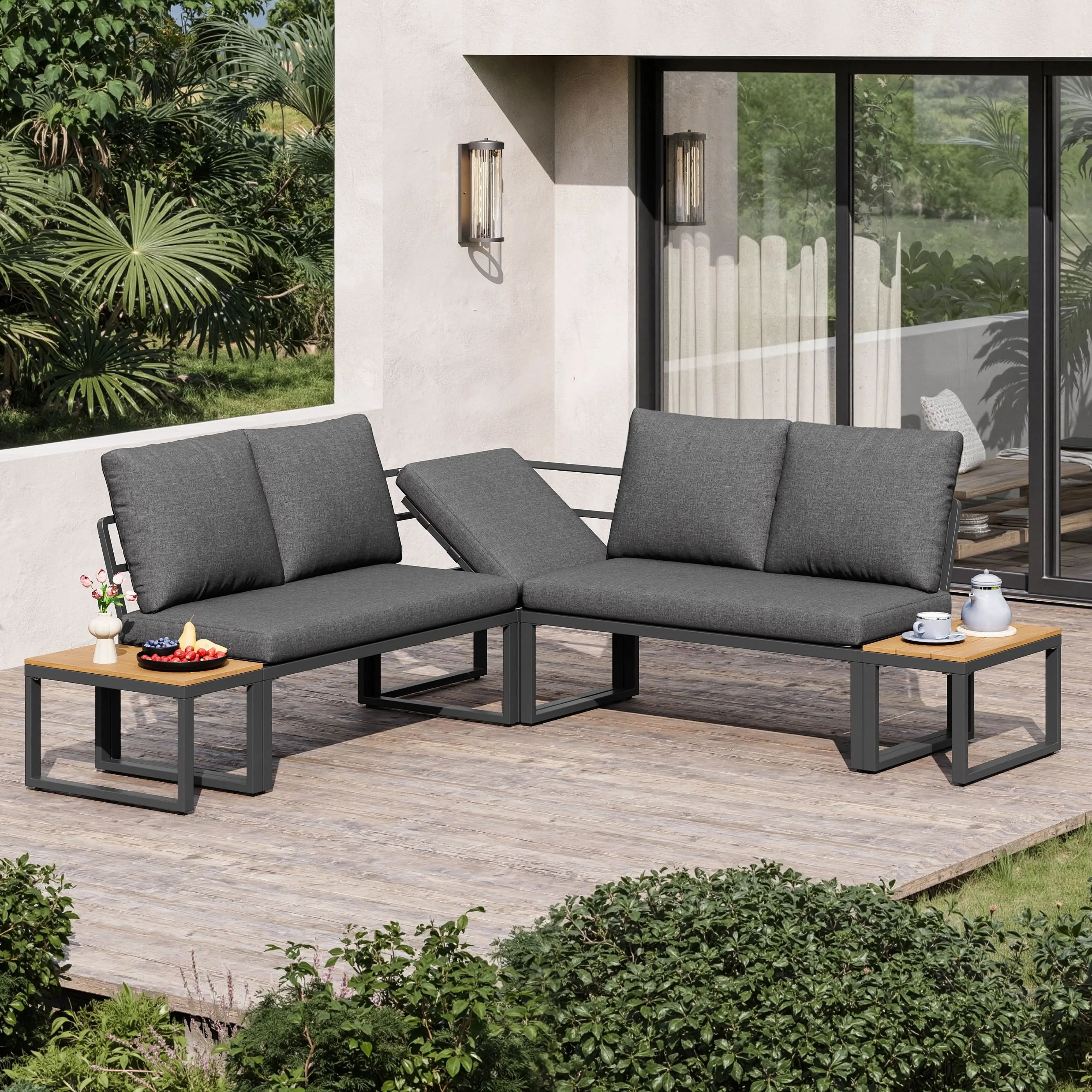 4-5 Seater Garden Outdoor Set With Flexibly Convertible Plastic Wood Tables, Adjustable Corner Sofa And Lounge Chair, Weather-Resistant Patio Furniture For Garden, Balcony And Terrace, Linen, Grey Haslam Living
