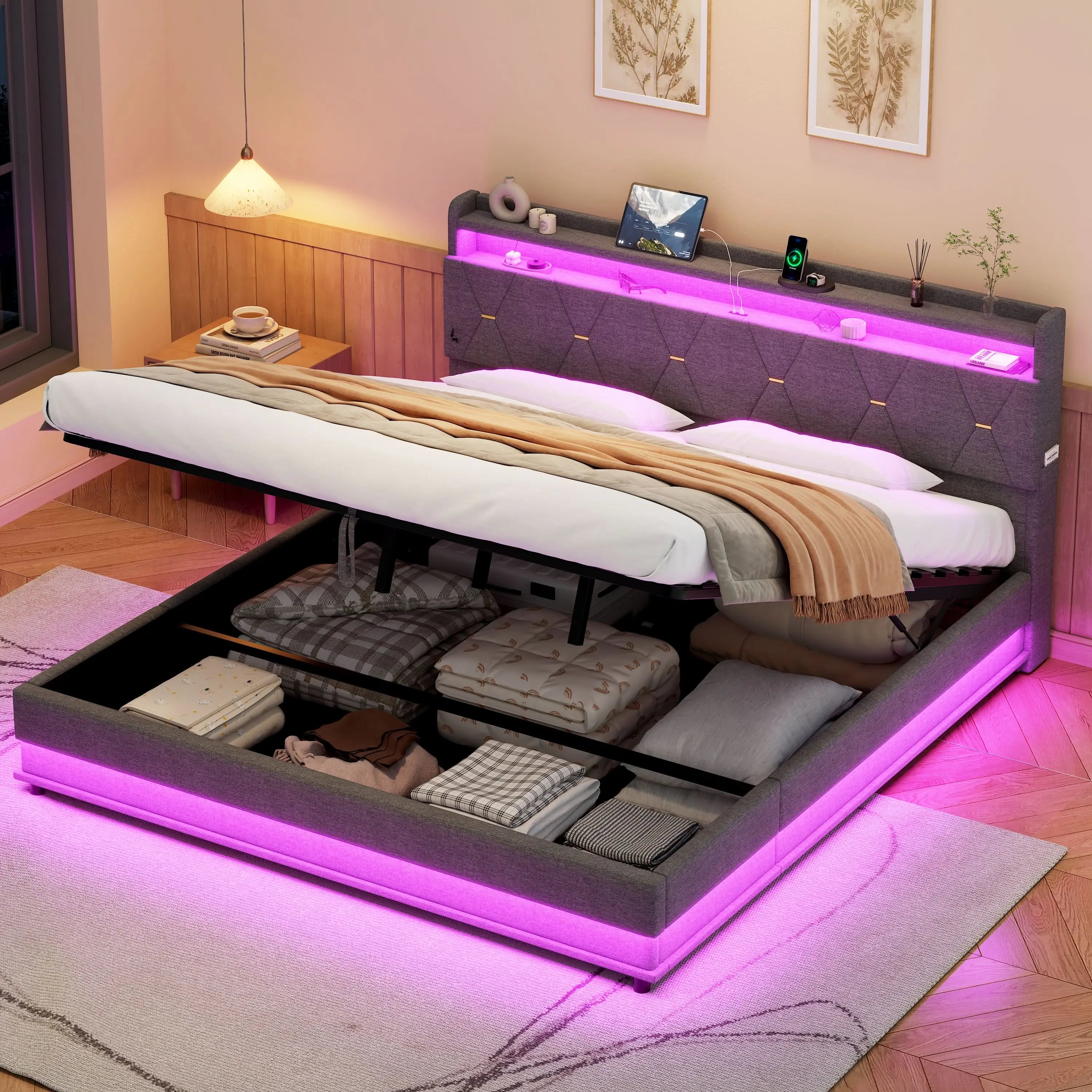 6ft Super King Upholstered Bed Frame With Hydraulic Storage, LED Headboard With Charging Station And Concealed Headboard Storage, USB And Type - C Ports, Linen, Grey, No Mattress Haslam Living