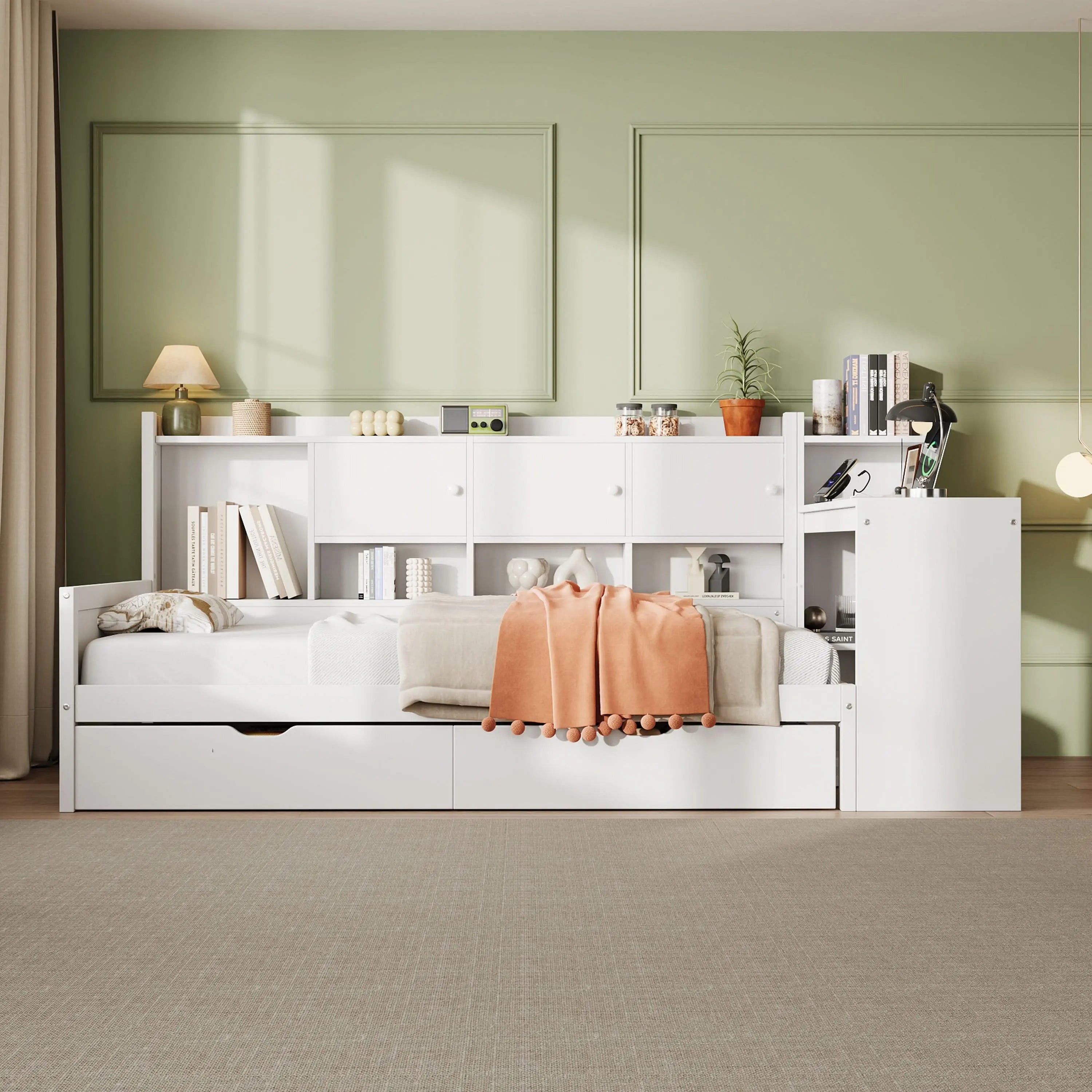 3ft Single Daybed With Storage Drawers And Bookcase, Modern Bed Frame With Charging Station And Integrated Desk, Wood Bed For Living Room Bedroom Study Room, Two Assembly Methods, White, No Mattress Haslam Living