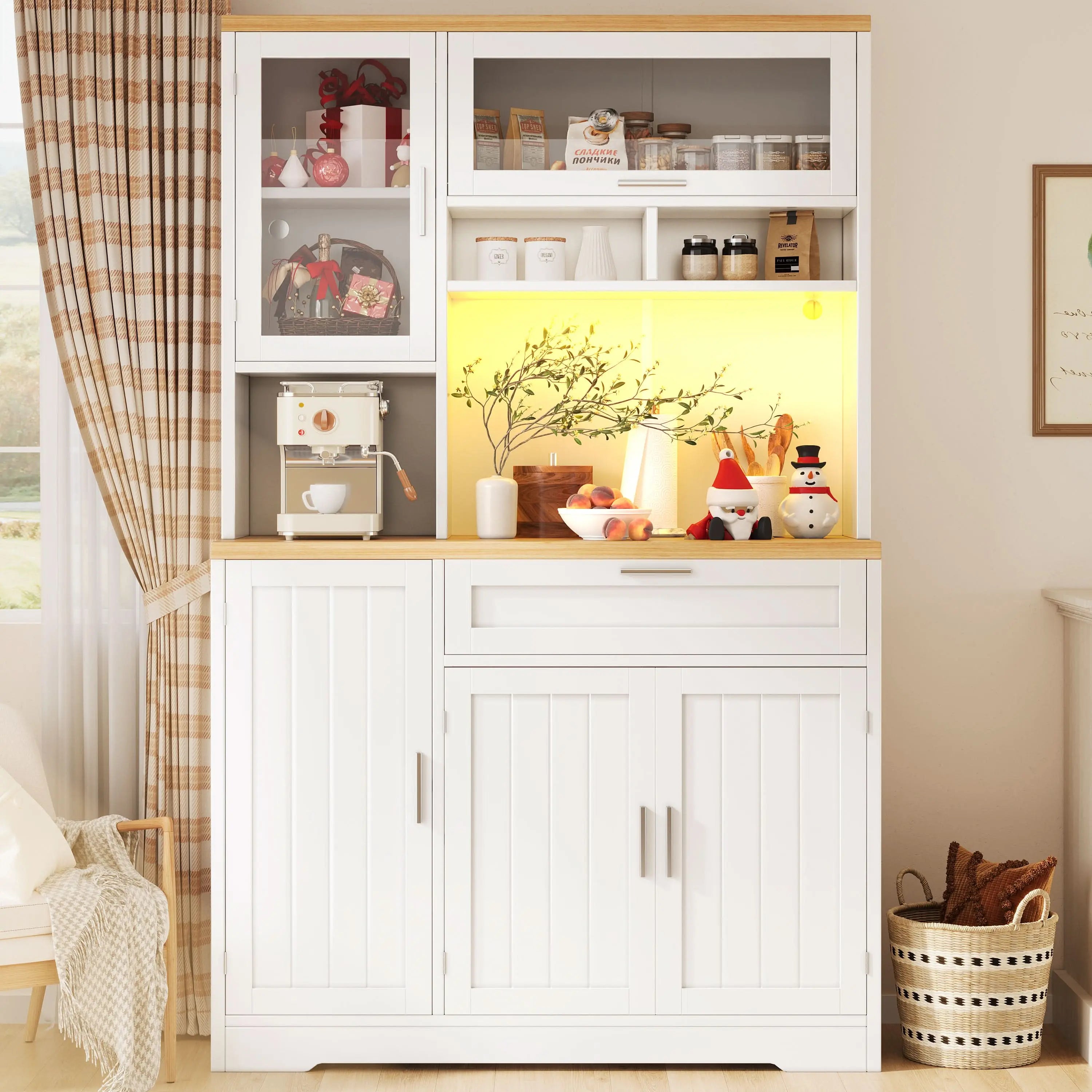 Tall Display Cabinet With LED Lighting, Kitchen & Living Room Storage, White Black Haslam Living