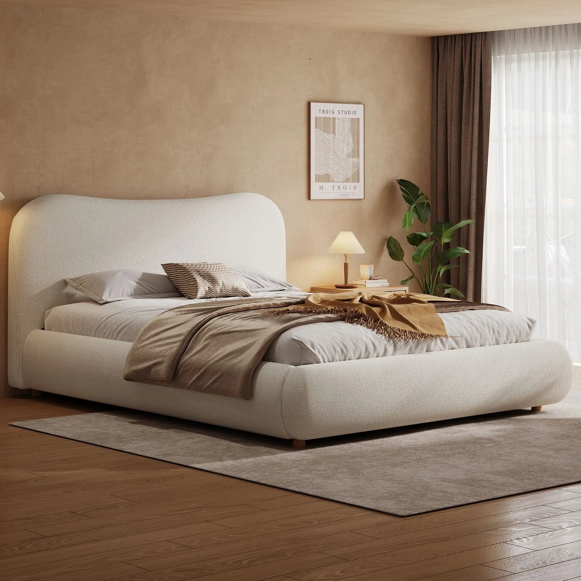 4ft6ft Ottoman Storage Bed Frame With Curved Shaped Headboard, Soft Rounded Corners, Double Upholstered Bed Frame With Boucle Fabric, Warm White Haslam Living