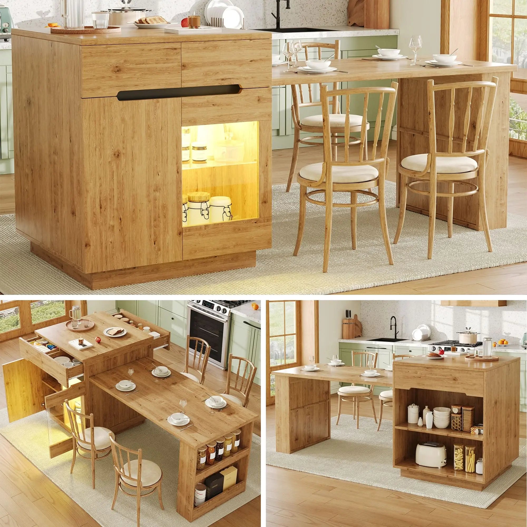 Kitchen Island With Extendable Table, Multifunctional Kitchen Storage Cabinet With LED Lighting  App Control , Oak Effect, Glass Door, For Kitchen & Dining Room Haslam Living